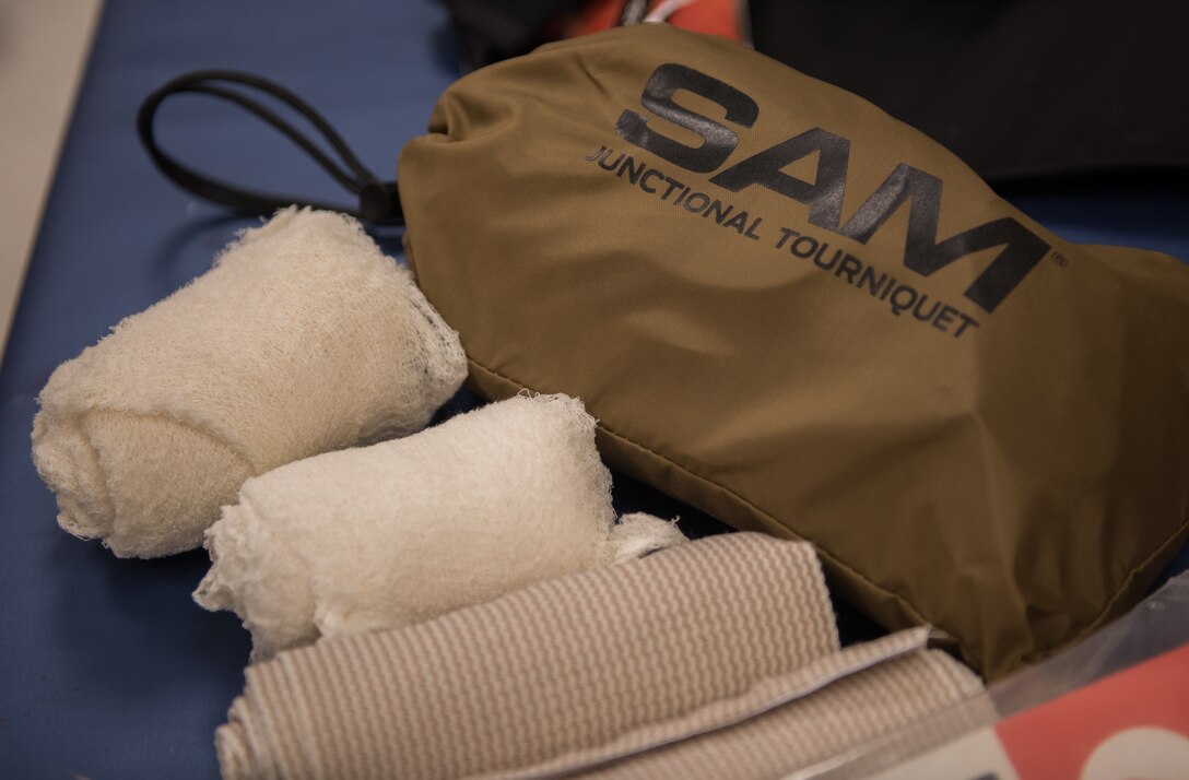 Bandages and gauze are ready for use at Joint Base Langley-Eustis, Virginia, January 22, 2020. The Tactical Combat Care Course is a way of standardizing what skills medics are learning across the U.S. military. (U.S. Air Force photo by Airman 1st Class Sarah Dowe)