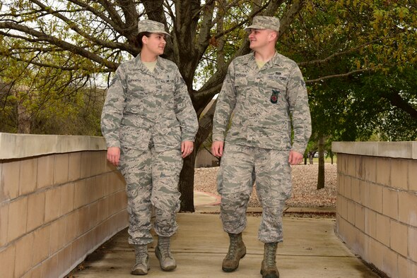 Staff Sgt. Julie Horvath, 47th Healthcare Operations Squadron bioenvironmental technician, walks with Senior Airman Anthony Horvath, 47th Civil Engineer Squadron fire protection technician, at Laughlin Air Force Base, Texas, Feb. 28, 2019. Airmen, along with all total force personnel, are the focus of the new “Professionalism, Airpower, Vitality and Excellence” campaign, or PAVE program, that’s coming to Laughlin. (U.S. Air Force photo by Senior Airman Anne McCready)