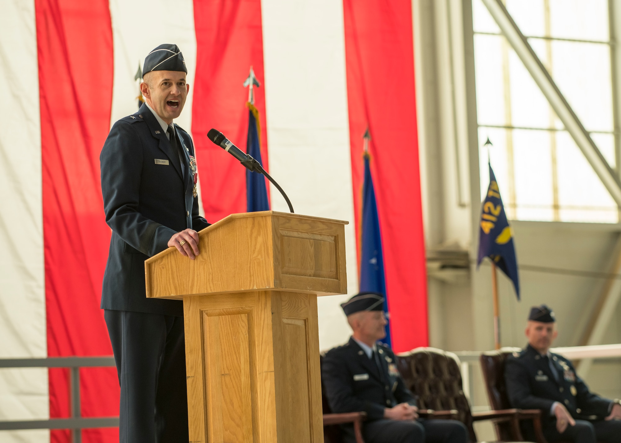 Brig. Gen. E. John Teichert, the outgoing 412th Test Wing Commander, gives his remarks during the Wing’s Change of Command Ceremony at Edwards Air Force Base, California, Feb. 5. (Air Force photo by Giancarlo Casem)