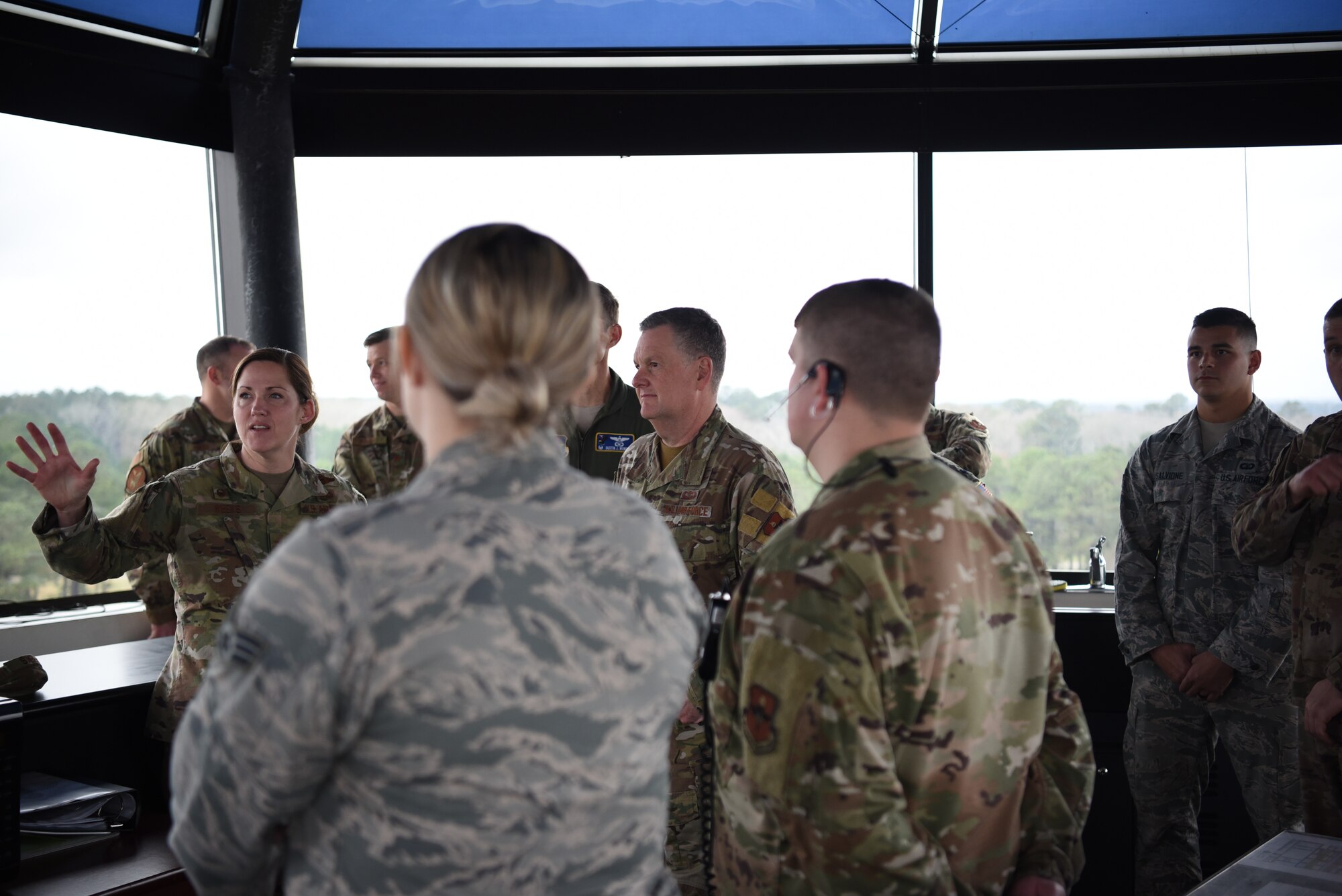 U.S. Air Force Col. Samantha Weeks, 14th Flying Training Wing commander, talks to U.S. Air Force Lt. Gen. Brad Webb, commander of Air Education and Training Command, while in the air traffic control tower during a wing immersion Feb. 5, 2020, on Columbus AFB, Mississippi. During their visit, the AETC command team got a good look at what the 14th FTW is doing to revolutionize pilot training and move it forward in the future. (U.S. Air Force photo by Airman 1st Class Jake Jacobsen)