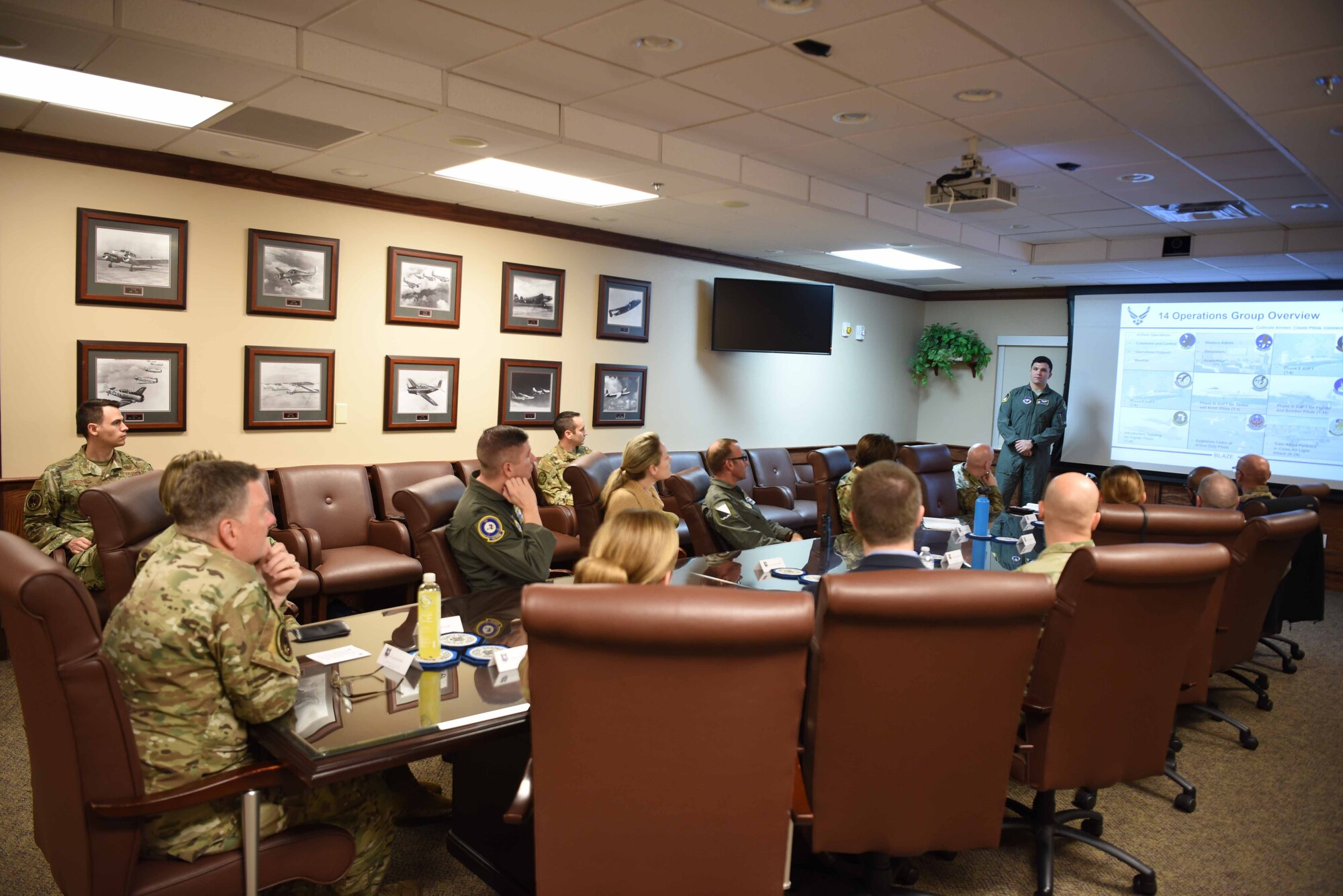U.S. Air Force Lt. Gen. Brad Webb, commander of Air Education and Training Command receives a mission brief about the base, aircraft flown and its priorities Feb. 5, 2020, on Columbus Air Force Base, Mississippi. Columbus AFB is home to the 14th Flying Training Wing and trains student pilots in the T-6 Texan II, T-38 Talon, and T-1 Jayhawk as they go through Specialized Undergraduate Pilot Training. (U.S. Air Force photo by Airman 1st Class Jake Jacobsen)