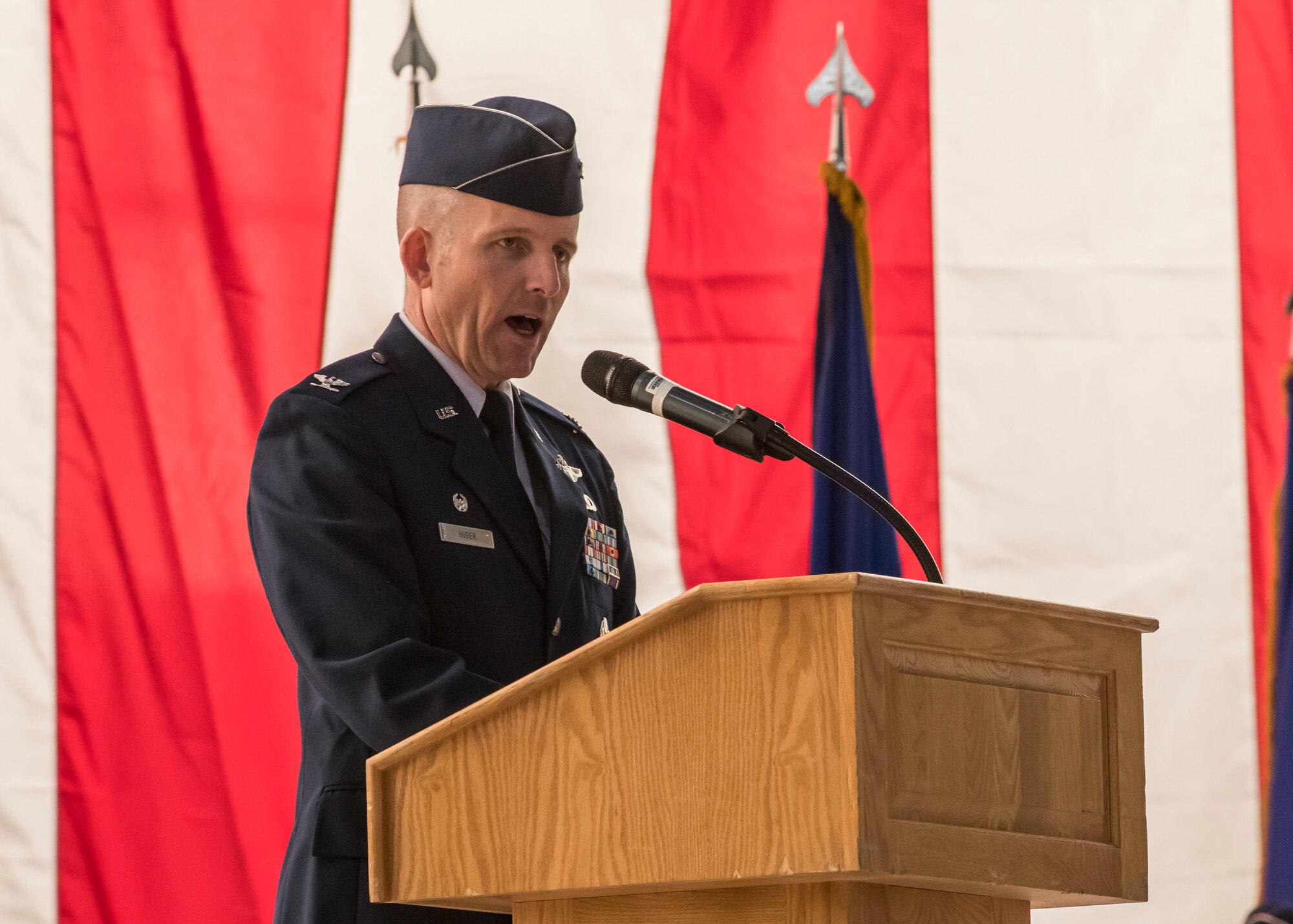 Col. Matthew Higer, the incoming 412th Test Wing Commander, gives his remarks during the Wing’s Change of Command Ceremony at Edwards Air Force Base, California, Feb. 5. (Air Force photo by Giancarlo Casem)