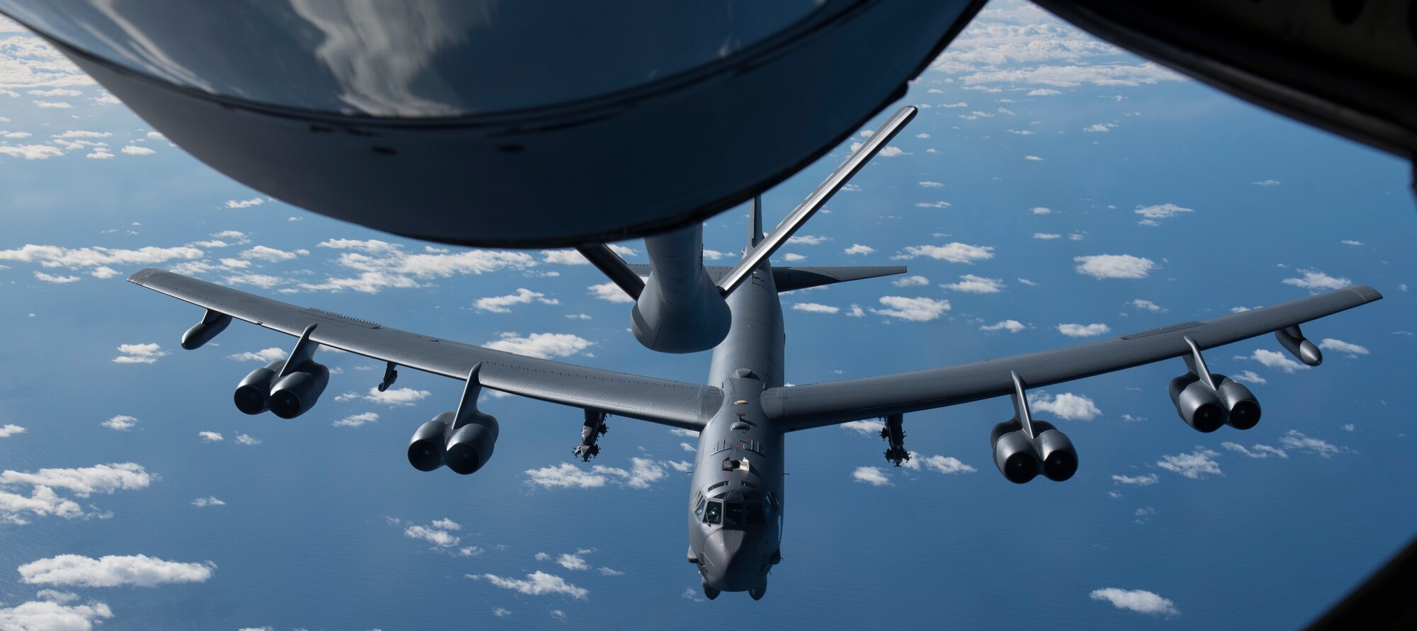 A U.S. Air Force B-52H Stratofortress, assigned to the 69th Expeditionary Bomb Squadron, deployed from Minot Air Force Base, North Dakota, receives fuel from a U.S. Air Force KC-135 Stratotanker assigned to the 191st Air Refuelling Squadron, Wright Air National Guard, Utah, after taking off from Andersen Air Force Base, Guam, Feb. 3, 2020. Continuous Bomber Presence deployments provide opportunities to advance and strengthen alliances, as well as strengthen long-standing military-to-military partnerships. (U.S. Air Force photo Airman 1st Class Helena Owens)
