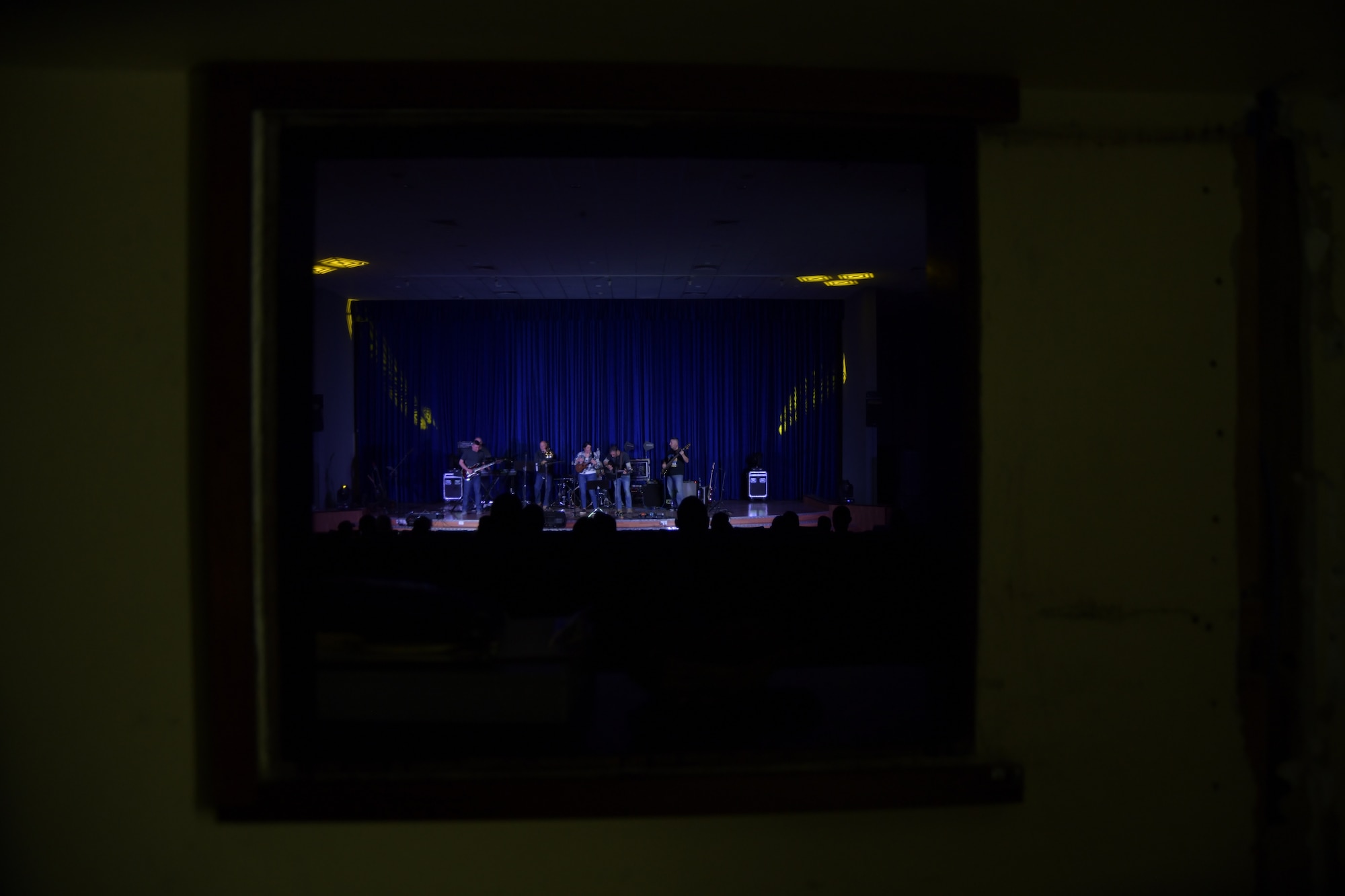 Members of the Air Forces Central Command Band perform for deployed members in The Rock theater at Ali Al Salem Air Base, Kuwait January 3, 2020. These dynamic musicians perform and tour in small ensembles throughout the AOR to positively promote troop morale, diplomacy and outreach to host nation communities. (U.S. Air Force photo by Tech. Sgt. Alexandre Montes)