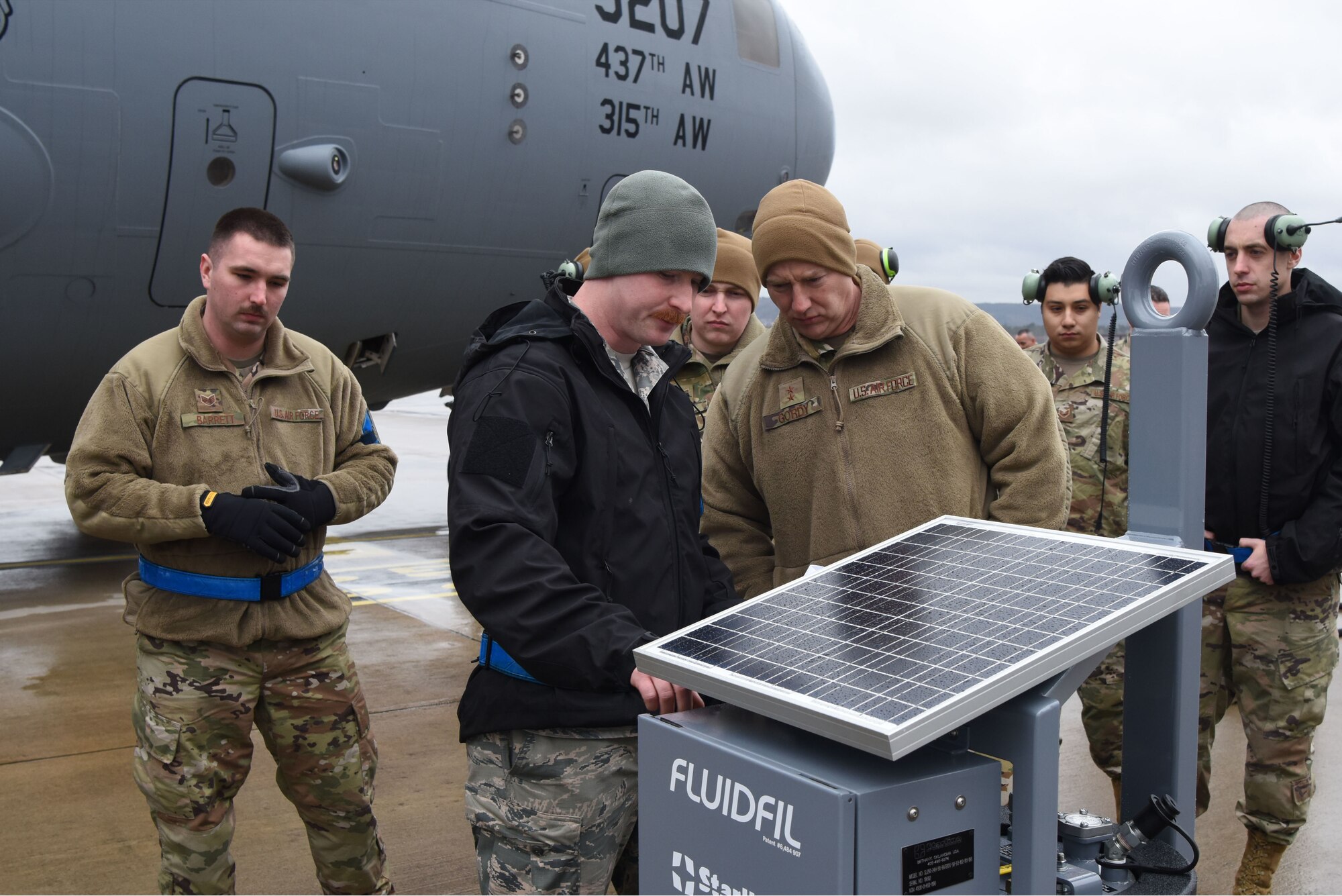 U.S. Air Force Maj. Gen. John Gordy, U.S. Air Force Expeditionary Center commander, views a solar powered aircraft battery cell on the flight line during a 521st Air Mobility Operations Wing visit at Ramstein Air Base, Germany, Jan. 29, 2020. During the tour the 721st Aircraft Maintenance Squadron highlighted the tools and personnel that are pivotal for mission success. The expeditionary center provides direct oversight for the global en-route system, which provides the U.S. with a worldwide, force-accelerating, power projection platform from 26 airfields across 23 countries.