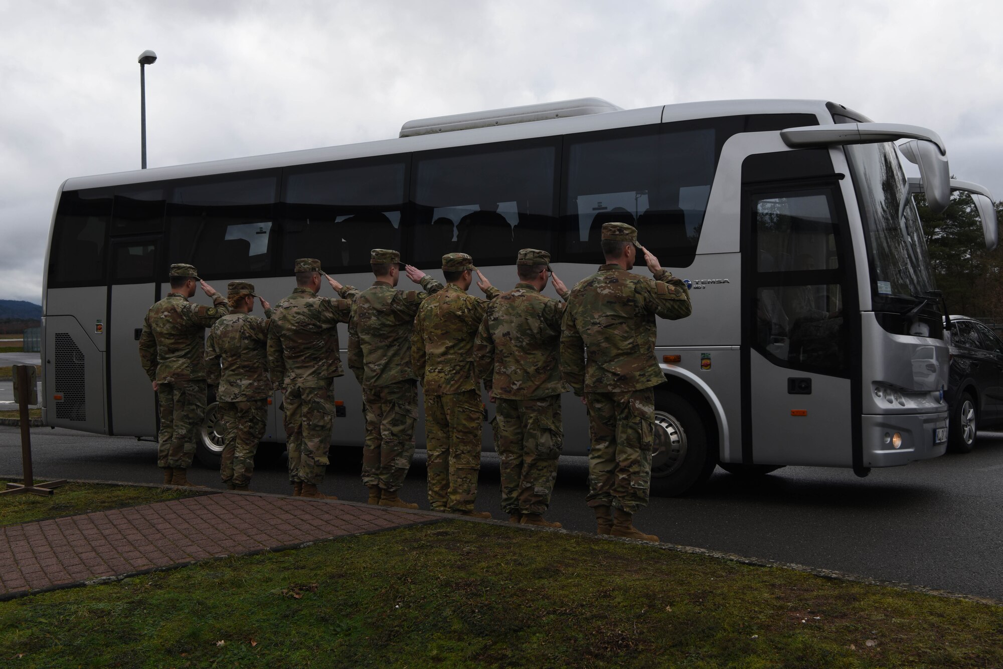 U.S. Air Force personnel salute during the arrival of U.S. Air Force Maj. Gen. John Gordy, U.S. Air Force Expeditionary Center commander, and Chief Master Sgt. Kristopher Berg, Air Force Expeditionary Center command chief, during a 521st Air Mobility Operations Wing visit on Ramstein Air Base, Germany, Jan. 29, 2020. Gordy and Berg toured Ramstein for two days to view the scope of the 521st AMOW mission. The Expeditionary Center provides direct oversight for the global en-route system, which provides a worldwide, force-accelerating, power projection platform from 26 airfields across 23 countries