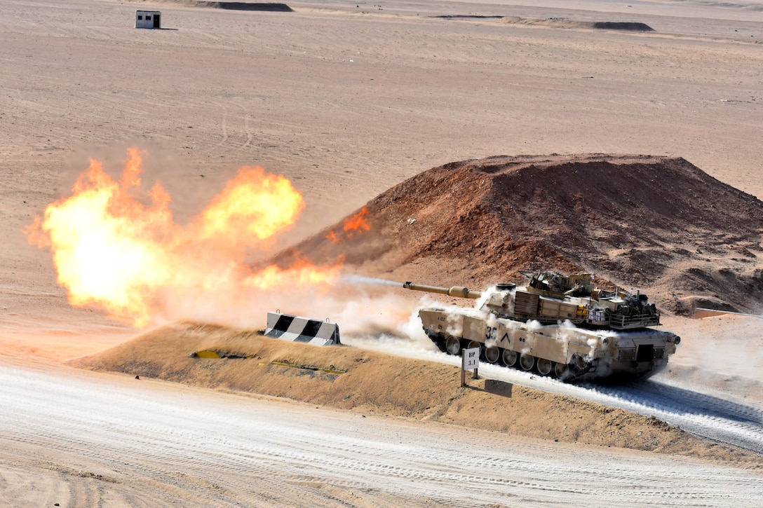 U.S. Soldiers in Alpha Company, 4-118th Infantry Regiment, 30th Armored Brigade Combat Team, in the South Carolina Army National Guard, conduct tank gunnery training while deployed in the Middle East, Feb. 4, 2020. The unit is deployed to support Operation Spartan Shield. (U.S. Army National Guard photo by Lt. Col. Cindi King)