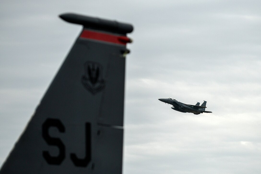 An F-15E Strike Eagle flies over Seymour Johnson Air Force Base, N.C., Jan. 24, 2020.