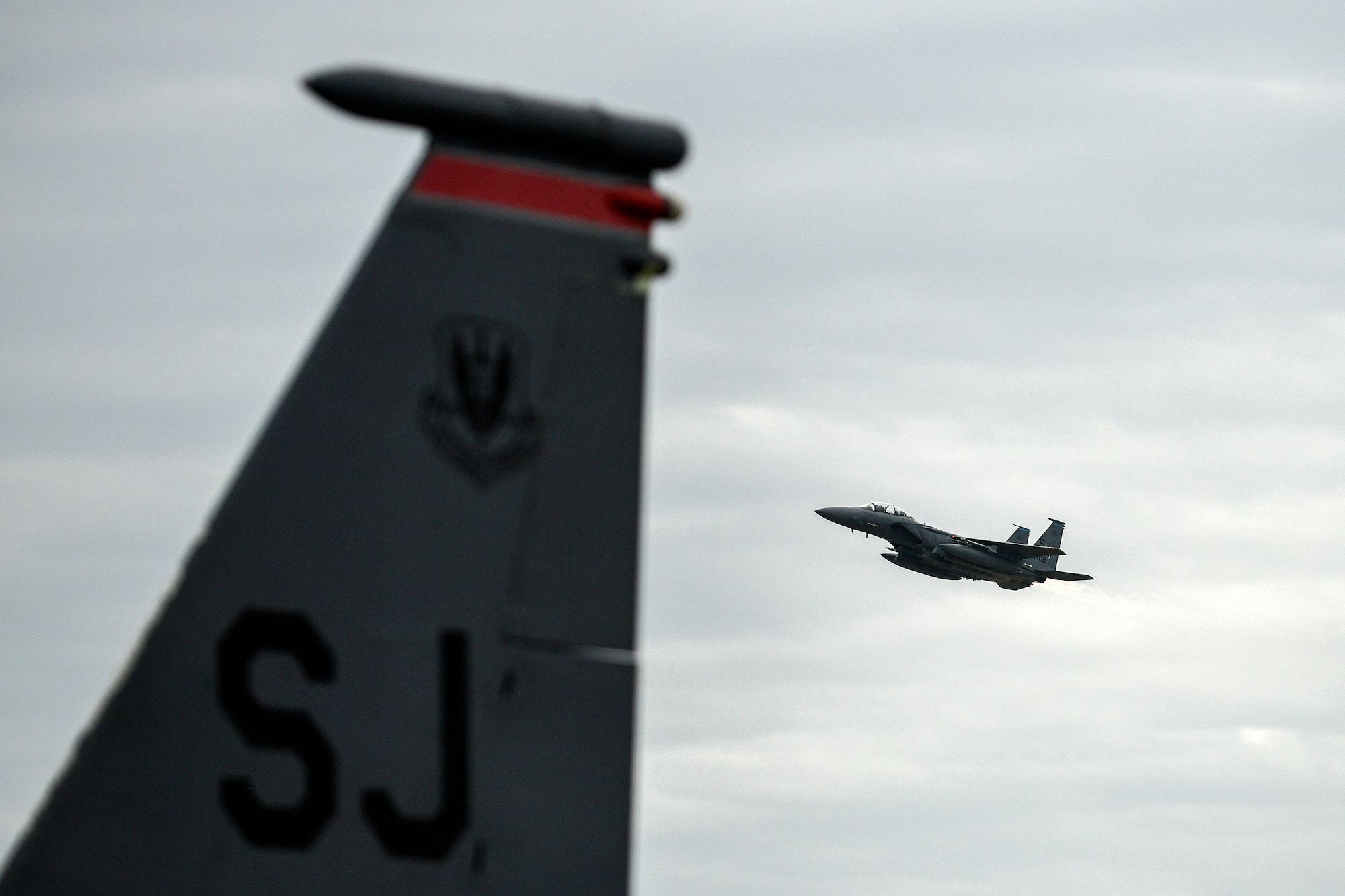 An F-15E Strike Eagle flies over Seymour Johnson Air Force Base, N.C., Jan. 24, 2020.