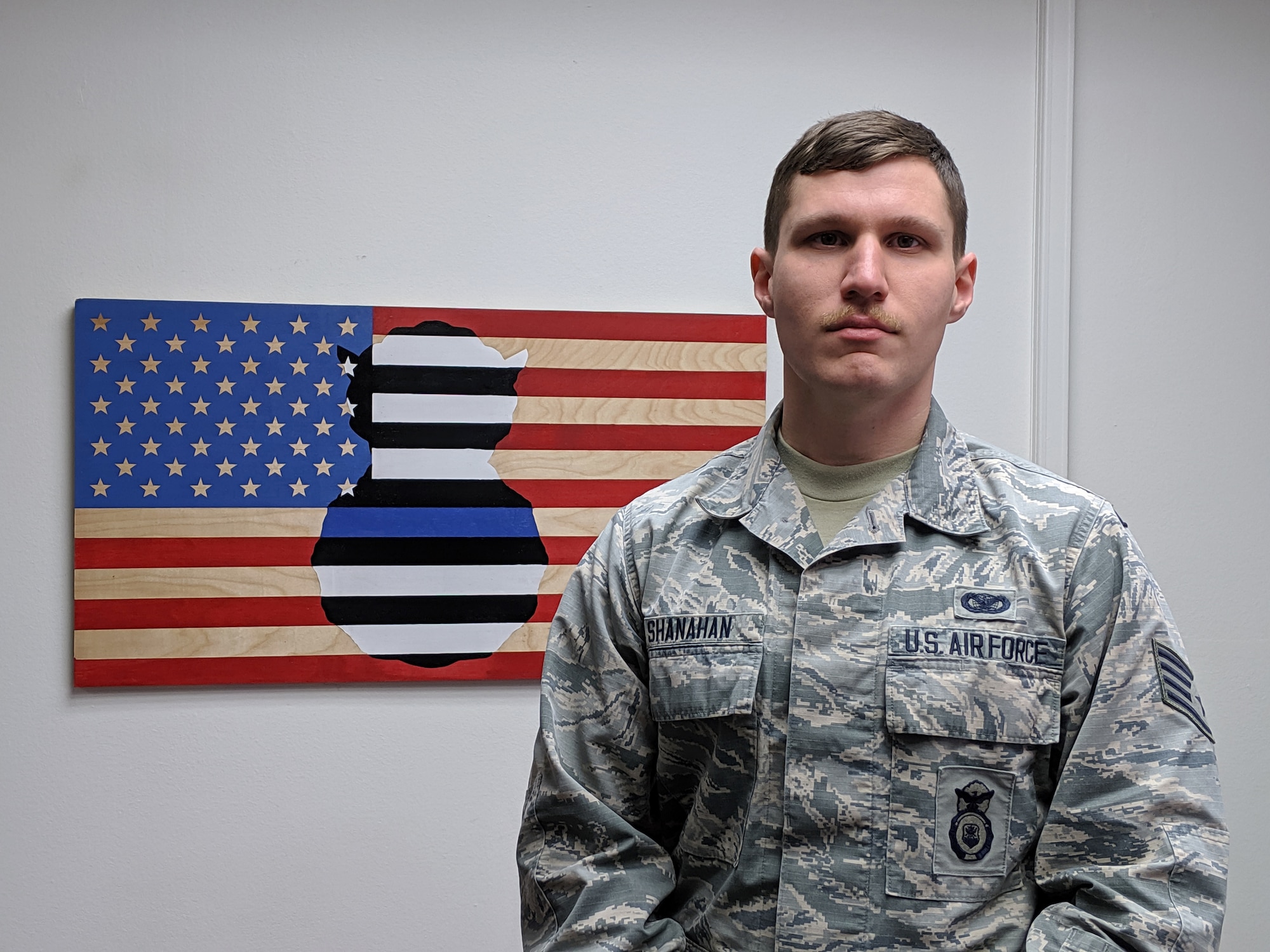Staff Sgt. James Shanahan, 47th Security Forces Squadron trainer, poses for a photo, on Feb. 3, 2020 at Laughlin Air Force Base, Texas. Shanahan is currently serving as the NCO In-Charge of Security Forces training at Laughlin. (U.S. Air Force photo by Senior Airman John A. Crawford)