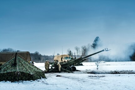 U.S. Army Soldiers from C Battery, 1st Battalion, 120th Field Artillery Regiment, Wisconsin Army National Guard conduct a Fire Control Alignment Test (FCAT) to ensure the M777A2 155mm howitzers are properly aligned to provide an accurate fire mission at Camp Grayling, Mich., during joint training exercise Northern Strike 20-2 ("Winter Strike,") January 24, 2020.