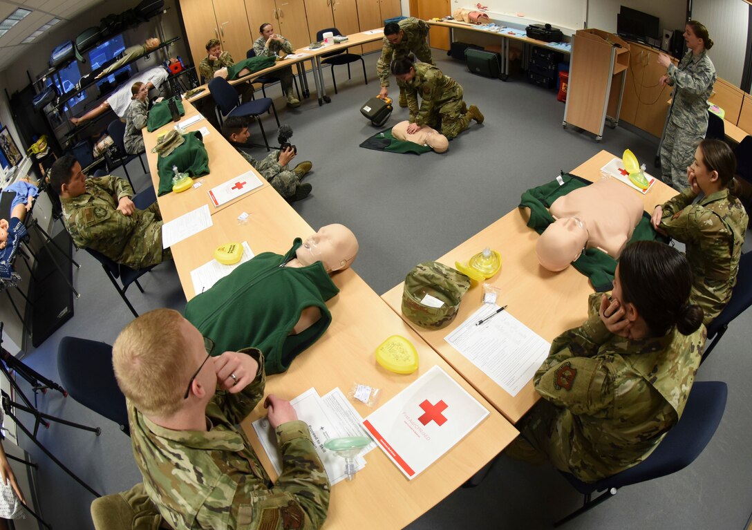 U.S. Air Force Airmen learn how to perform cardiopulmonary resuscitation during an adult CPR and automated external defibrillator class at Ramstein Air Base, Germany, Feb. 4, 2020. The 86th Medical Group education and training program has 40 CPR instructors across Ramstein and several geographically separated units. Active-duty service members with duty requirements and personnel seeking to become physical training leaders may sign up for CPR and AED classes or other life-saving courses.