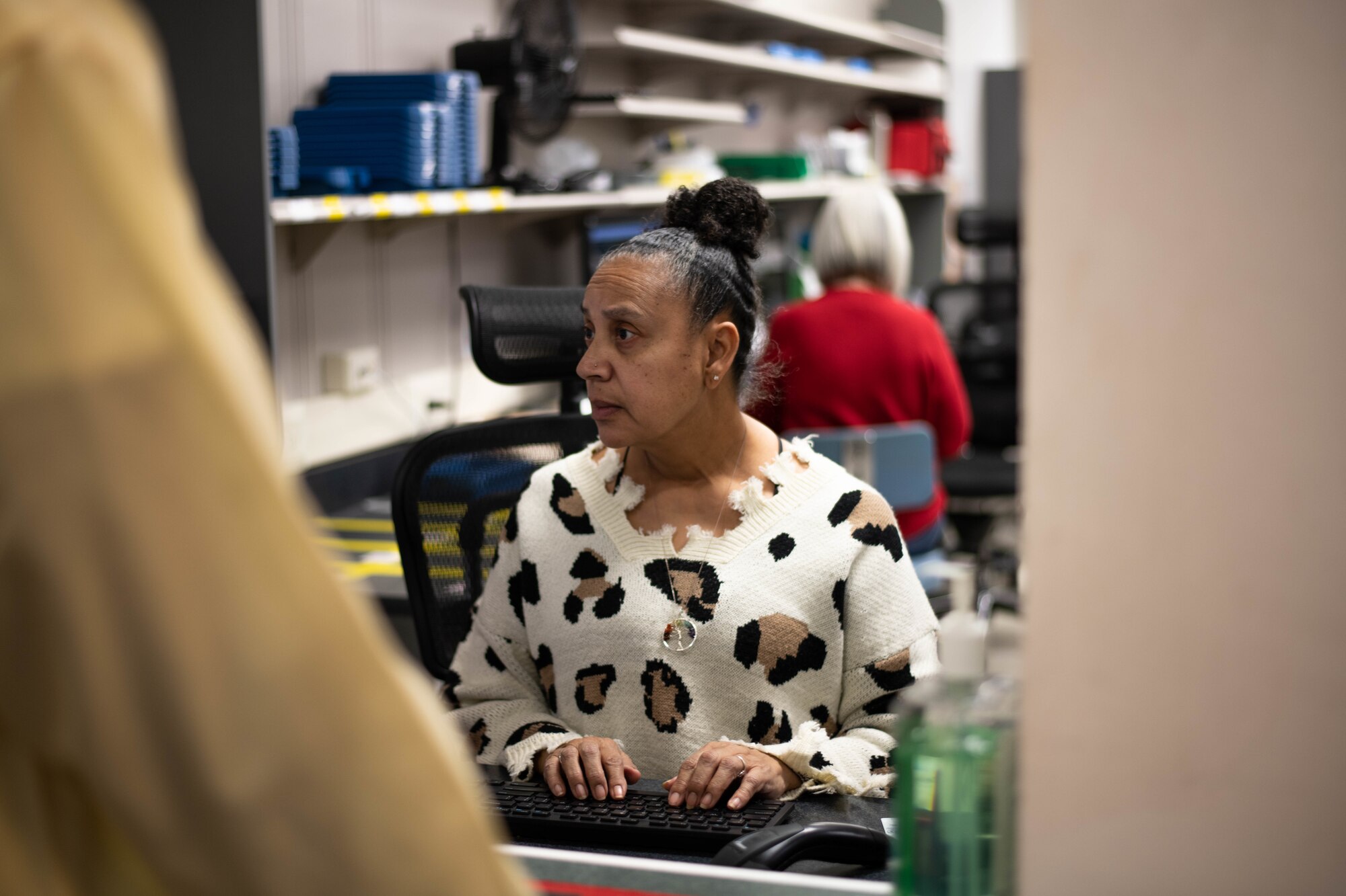 A Maxwell Pharmacy Technician checks-in a patient at the Maxwell Pharmacy, Dec. 19, 2019, Maxwell Air Force Base, Alabama. The Maxwell Pharmacy serves approximately 500 patients a day, making it one of the busiest pharmacies in the state. (U.S. Air Force photo by Senior Airman Alexa Culbert)