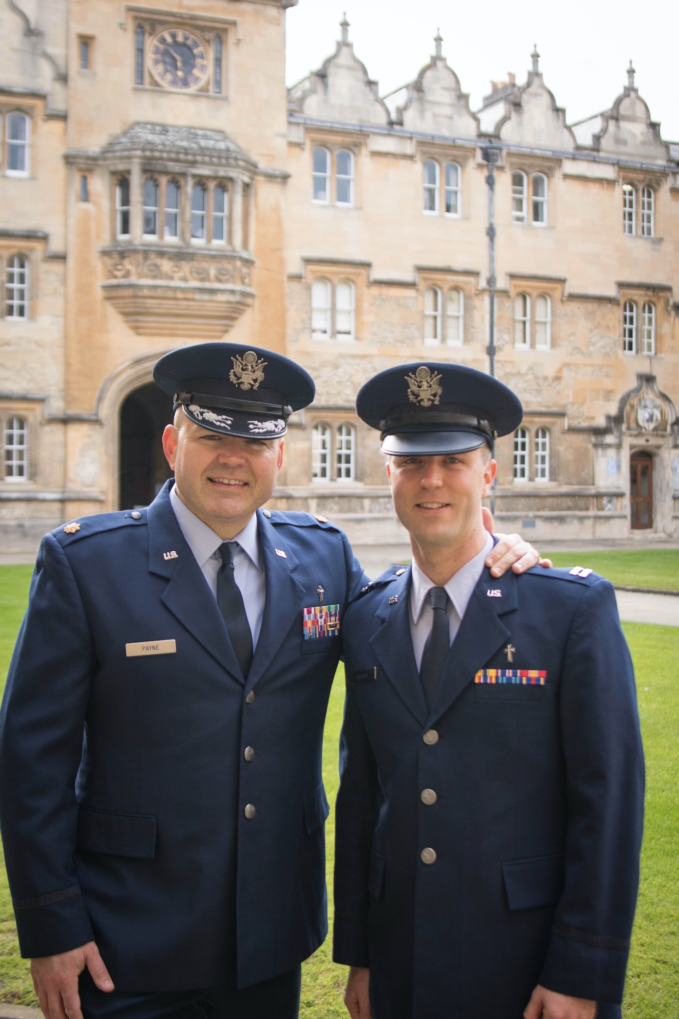 U.S. Air Force Capt. Hans Decker, 501st Combat Support Wing chaplain, poses for a photo with Lt. Col. (then Major) Joshua Payne, 366th Fighter Wing chaplain, at Oriel College, Oxford, England, where Decker is currently a doctoral student in theology. (Courtesy photo)