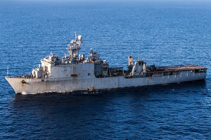 U.S. Navy Harpers Ferry-class dock landing ship USS Oak Hill  participates in the  Amphibious Squadron Marine Expeditionary Unit Integration Training in the vicinity of Camp Lejeune, North Carolina, July 14.