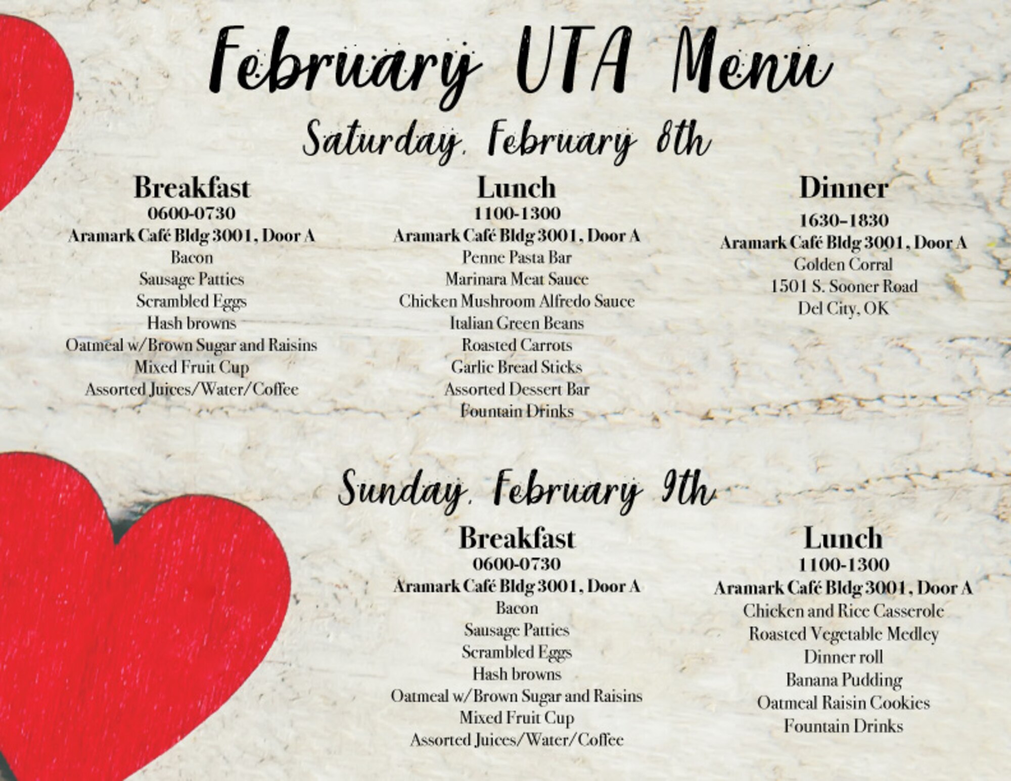Until the Vanwey Dining Facility reopens in late spring 2020, Reservists at Tinker Air Force Base, Oklahoma, will receive their meals at Bldg. 3001 Cafeteria and at Golden Corral’s new location in Del City, Oklahoma. (U.S. Air Force graphic by Senior Airman Mary Begy)