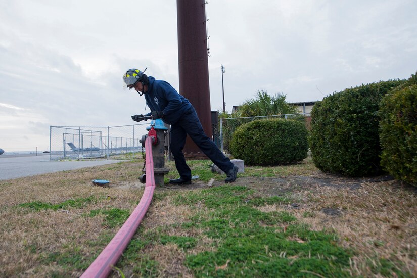 Matthew Callaghan, a firefighter assigned to the 628th Civil Engineer Squadron, turns on a fire hydrant to replenish a firetruck’s water supply at Joint Base Charleston, S.C., Feb. 6, 2020. The base fire department runs daily operations to maintain readiness in case of emergencies such as structure or aircraft fires, injury and other mishaps.