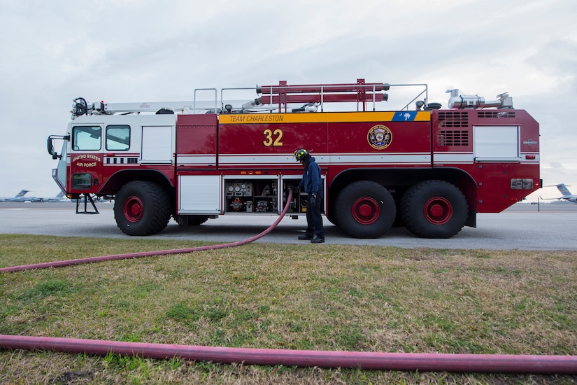 Matthew Callaghan, a firefighter assigned to the 628th Civil Engineer Squadron, replenishes a firetruck’s water supply at Joint Base Charleston, S.C., Feb. 6, 2020. The base fire department runs daily operations to maintain readiness in case of emergencies such as structure or aircraft fires, injury and other mishaps.