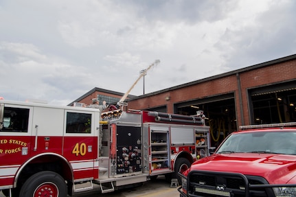 Senior Airman Nicholas Cadwell, a driver operator assigned to the 628th Civil Engineer Squadron fire department, sprays water onto a roof at Joint Base Charleston, S.C., Feb. 6, 2020. This technique is called the “surround and drown” and is used when going inside a structure fire isn’t optimal. The base fire department runs daily operations to maintain readiness in case of emergencies such as structure or aircraft fires, injury and other mishaps.