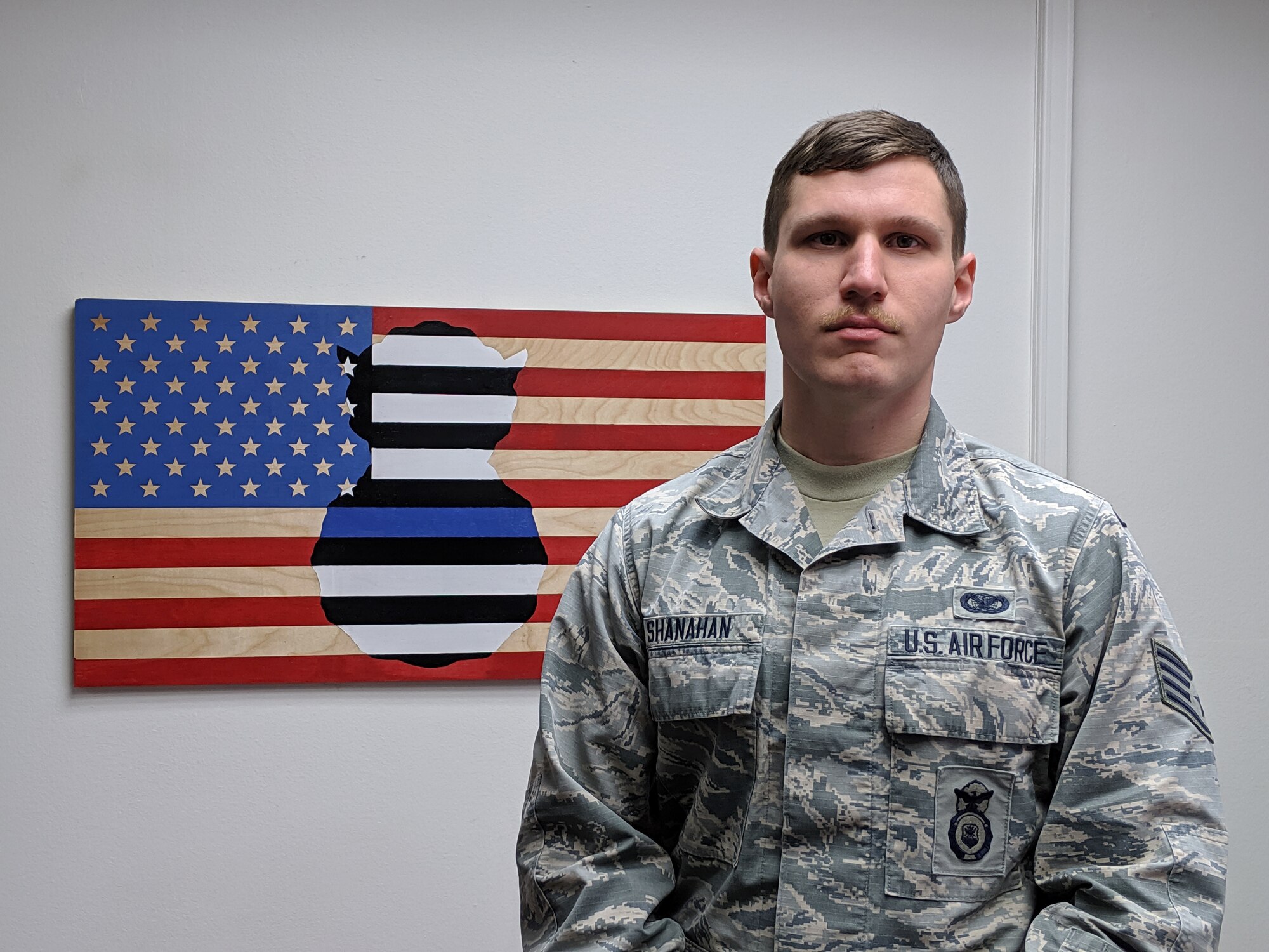Staff Sgt. James Shanahan, 47th Security Forces Squadron trainer, poses for a photo, on Feb. 3, 2020 at Laughlin Air Force Base, Texas. Shanahan is currently serving as the NCO In-Charge of Security Forces training at Laughlin. (U.S. Air Force photo by Senior Airman John A. Crawford)