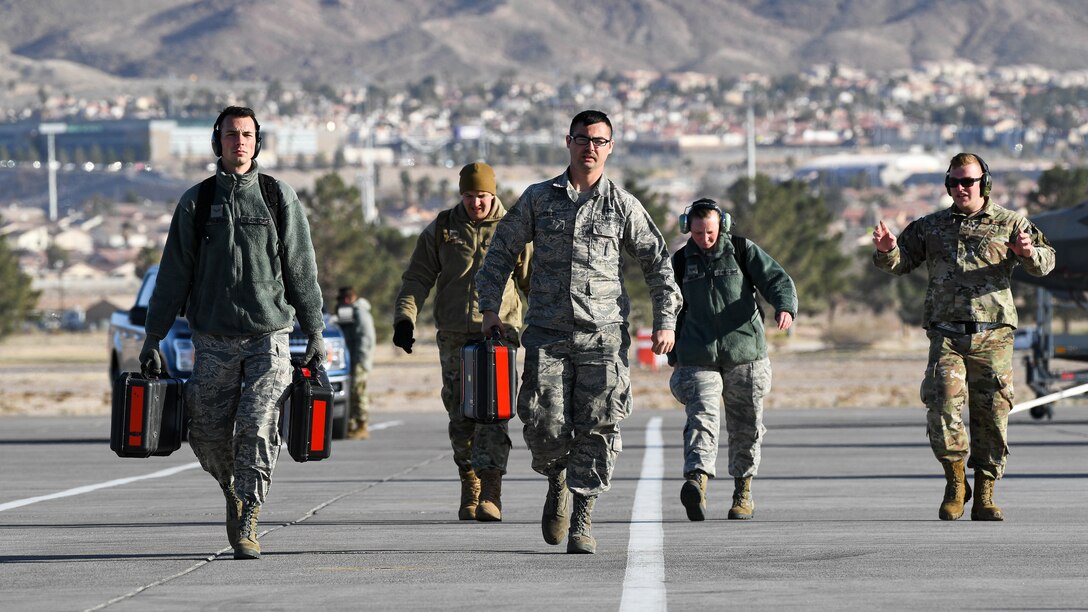 Photo of F-35A maintenance Airmen on the Nellis AFB flight line during Red Flag 20-1.