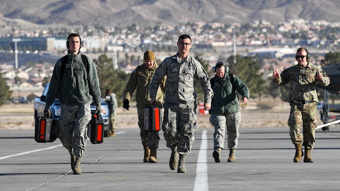 Photo of F-35A maintenance Airmen on the Nellis AFB flight line during Red Flag 20-1.