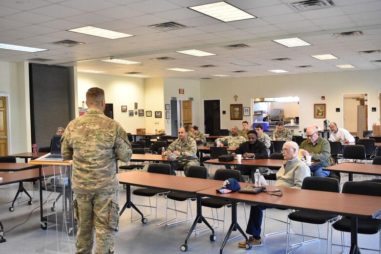 301st Fighter Wing Deputy Wing Chaplain Maj. Jonathan Farquhar addresses attendees during the second class of The Five Love Languages class held at Naval Air Station Joint Reserve Base Fort Worth, Texas on Feb. 1, 2020. The class began with each person completing a self-evaluation through a series of 30 preference questions. The ultimate goal was learning that communication can be more effective if they were able to “speak” the language of the people they interact with. (U.S. Air Force Photo by Staff Sgt. Randall Moose)