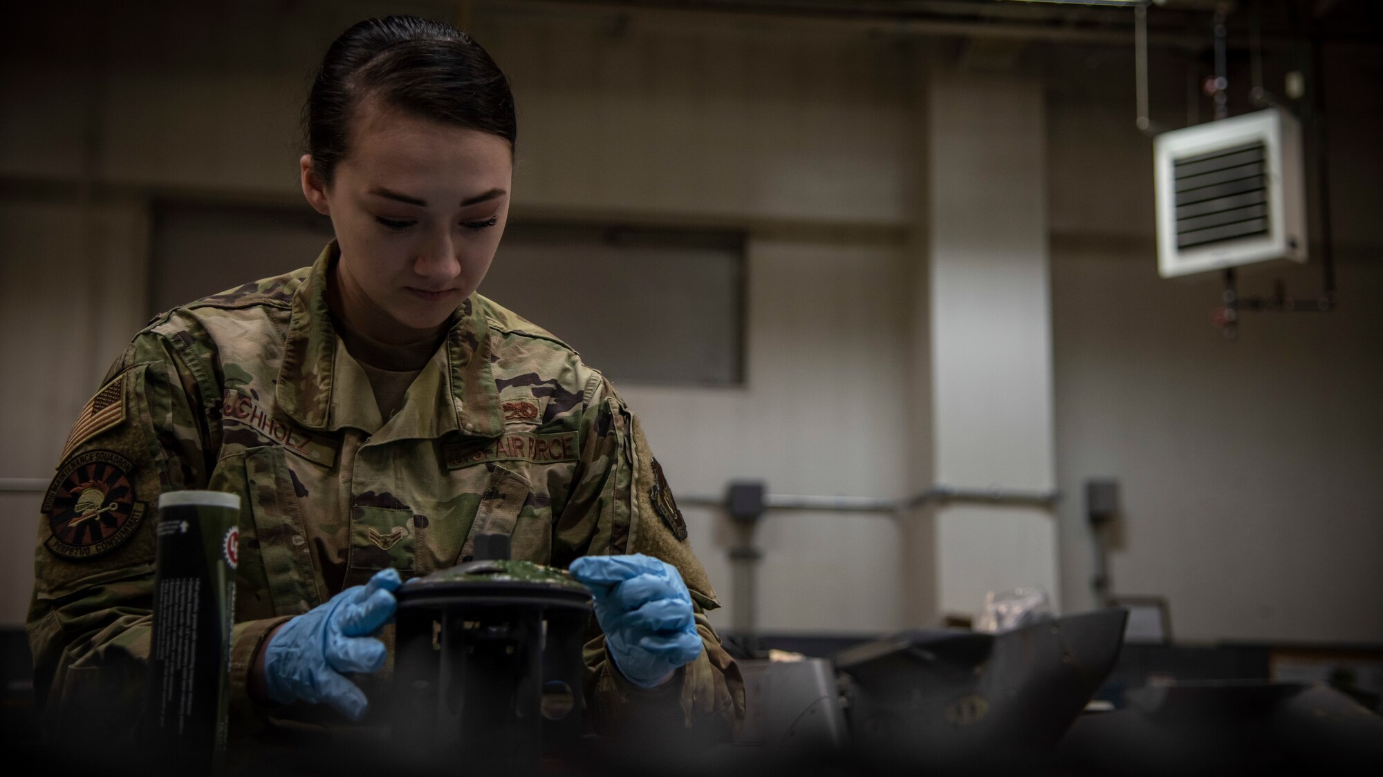 Airman 1st Class Lauren Buchholz, a 35th Maintenance Squadron armament maintenance member, applies lubricant to an M61A1 Vulcan gun system barrel at Misawa Air Base, Japan, Jan. 22, 2020. The almasol syntemp lubricant is used to prevent corrosion and overheating of the barrel. (U.S. Air Force photo by Airman 1st Class China M. Shock)