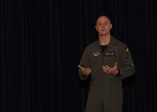U.S. Air Force Col. Tad Clark, 8th Fighter Wing commander, speaks to members of the Wolf Pack about wing heritage at Kunsan Air Base, Republic of Korea, Feb. 7, 2020. Clark’s recent visit to Vietnam inspired him to share his experience of the visit and of the wing’s role during the Vietnam War. (U.S. Air Force photo by Staff Sgt. Anthony Hetlage)