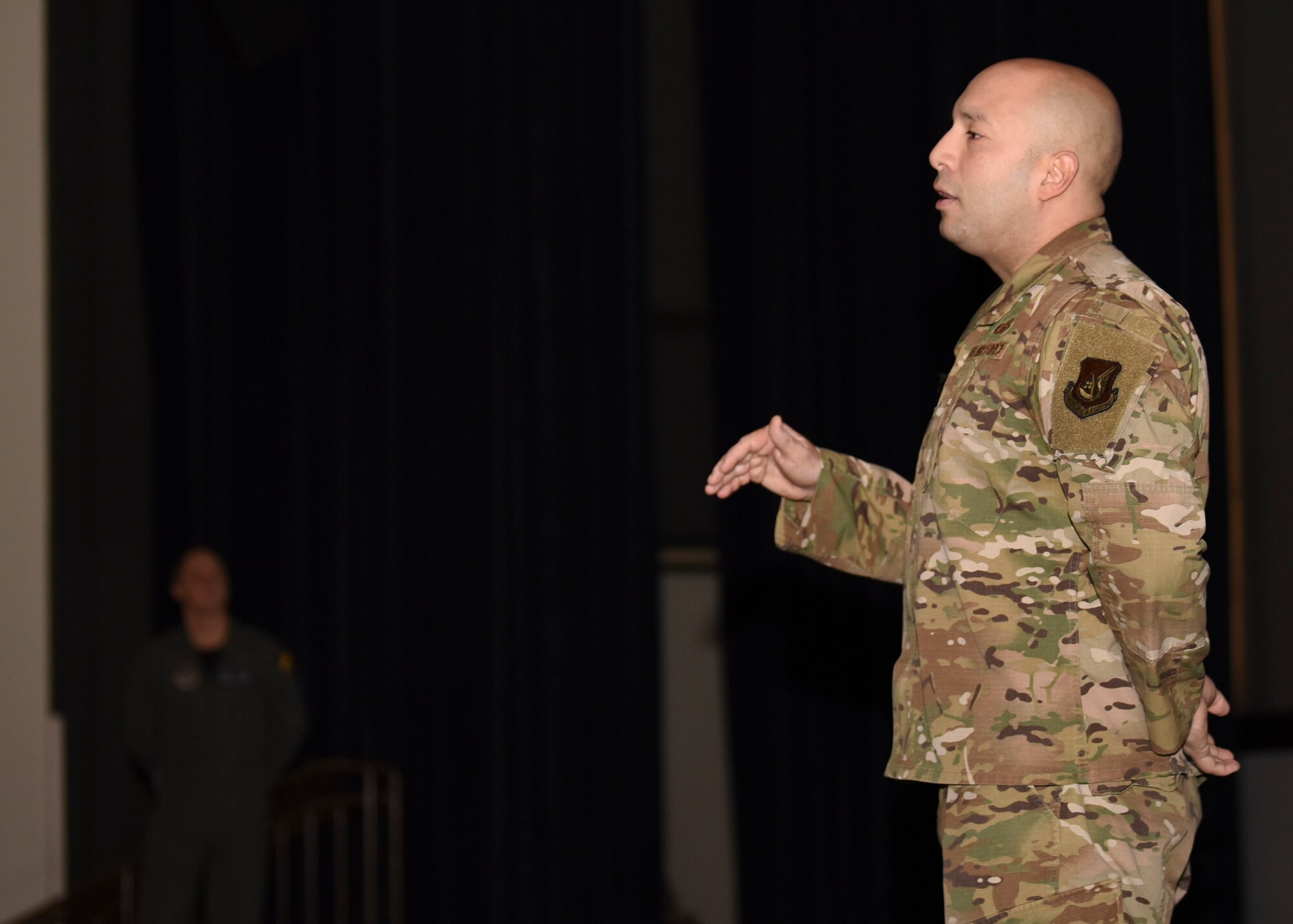 U.S. Air Force Chief Master Sgt. Steve Cenov, 8th Fighter Wing command chief, host’s the third commander’s call for the members of the Wolf Pack at Kunsan Air Base, Republic of Korea, Feb. 7, 2020. The commander’s call focused on caring for the team, enhancing quality of life and wing heritage. (U.S. Air Force photo by Staff Sgt. Anthony Hetlage)
