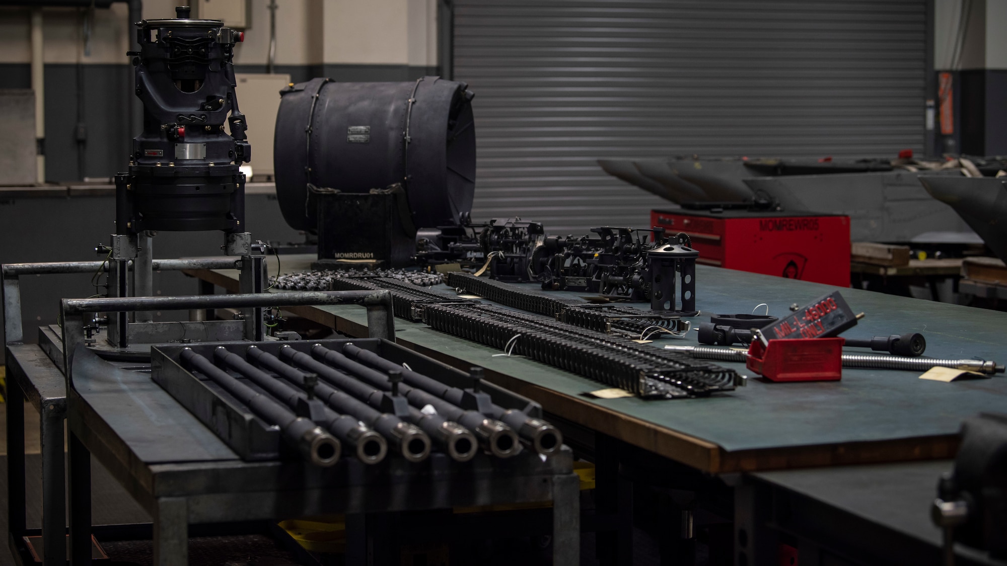 An M61A1 Vulcan gun system sits on a table for inspection at Misawa Air Base, Japan, Jan. 22, 2020. A quality verification inspection is a weeklong process consisting of 1,700 steps. Out of the 1,700 steps, it takes either three minor or one major discrepancy to fail an inspection. The back shop received no failures when it came to the quality verification inspections in 2019, which is a wing for the 35th Fighter Wing. (U.S. Air Force photo by Airman 1st Class China M. Shock)