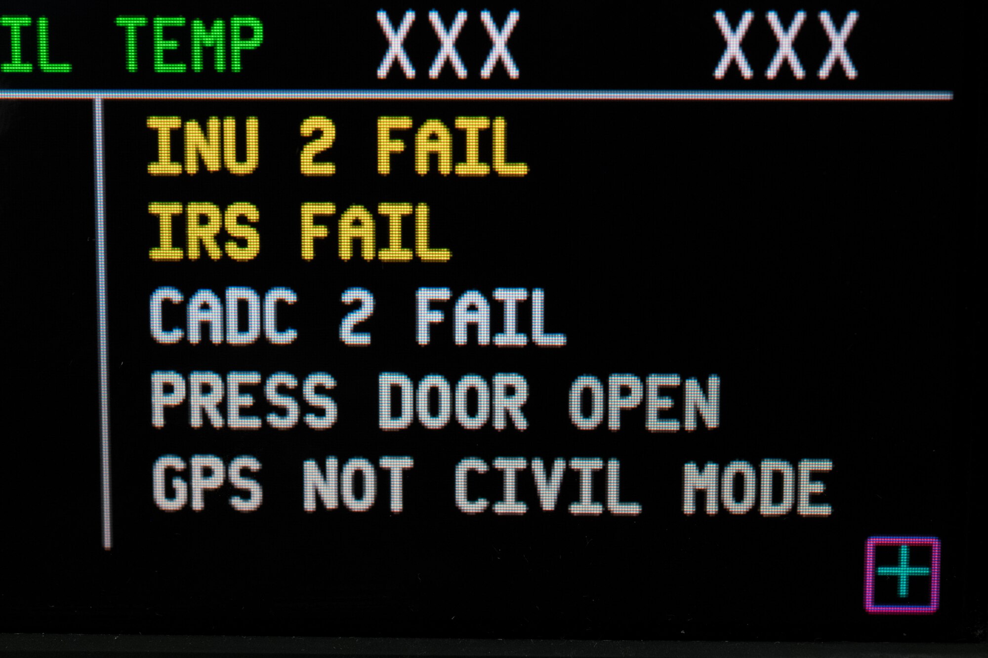 A simulated “PRESS DOOR OPEN” warning is displayed on the Multifunction Display Unit at the C-5M flight engineer’s panel trainer Jan. 28, 2020, at the 373rd Training Squadron, Detachment 3 on Dover Air Force Base, Del. During a recent mission dubbed Reach 190, an aircrew from the 9th Airlift Squadron had a “PRESS DOOR OPEN” warning appeared on the pilot’s, copilot’s and flight engineer’s Multifunction Display Units, caused by a crew door “NOT LOCKED” light indication on the C-5M left-hand forward loadmaster control panel while in flight. (U.S. Air Force photo by Roland Balik)
