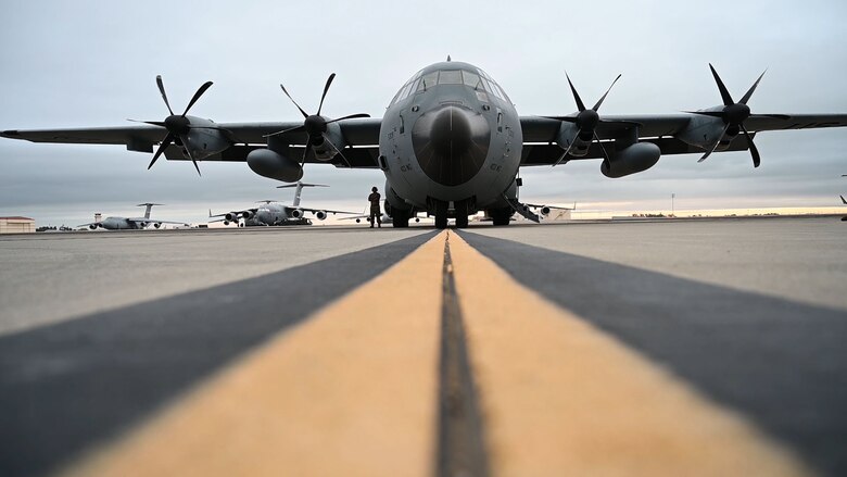 A WC-130J Super Hercules aircraft from the 53rd Weather Reconnaissance Squadron sits on the flightline prior to an atmospheric river mission Jan. 28 at Travis Air Force Base, Calif. The Hurricane Hunters are slated to perform 