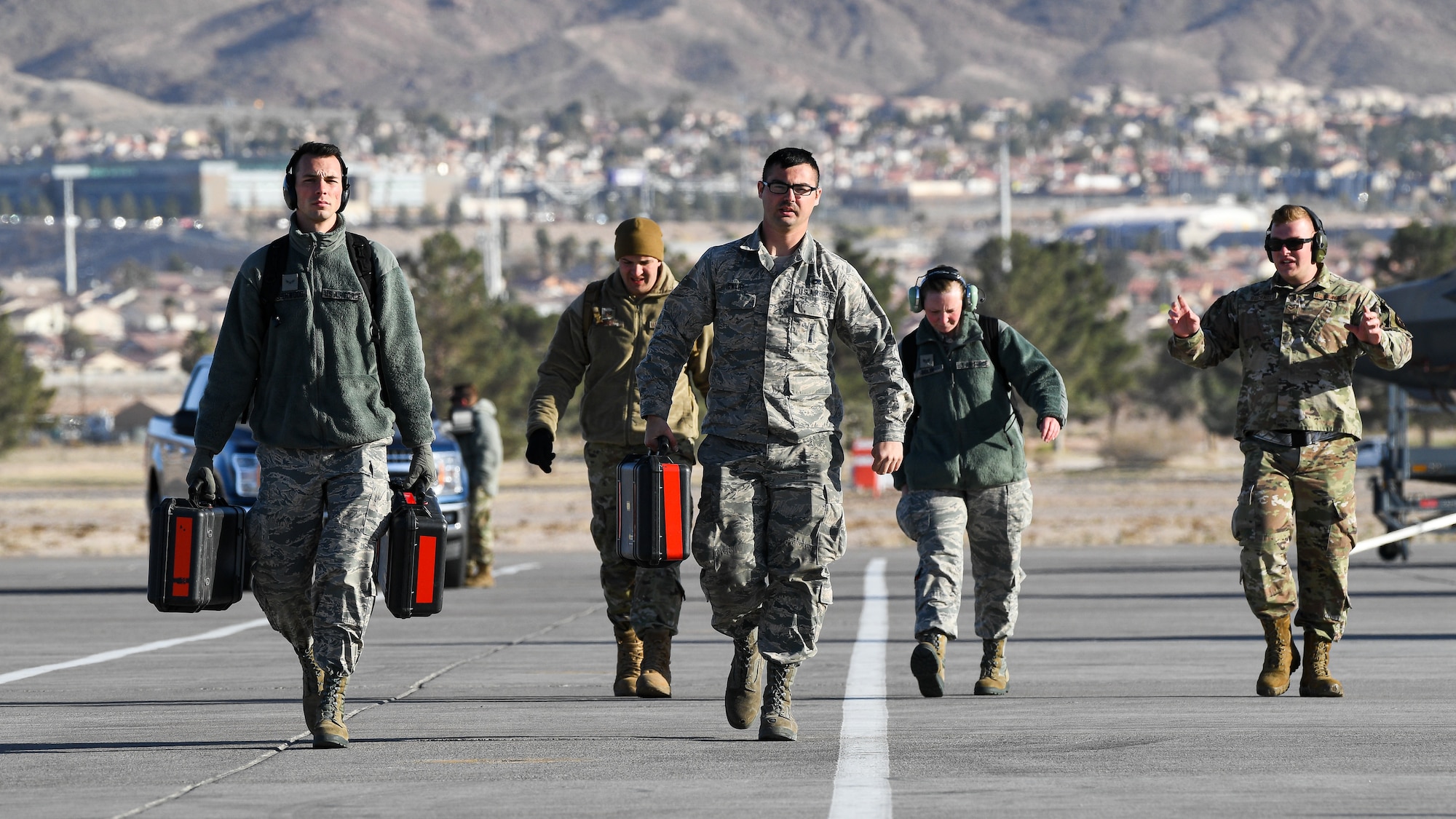 Photo of F-35A maintenance Airmen on the Nellis AFB flight line during Red Flag 20-1.