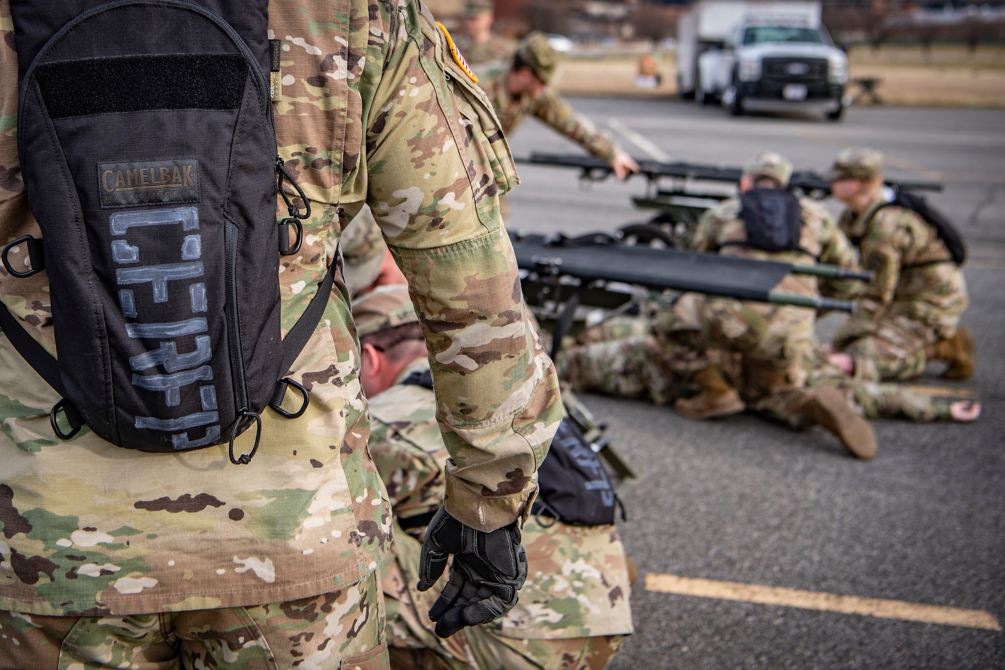 Soldiers and Airmen assigned to West Virginia National Guard’s 35th Civil Support Team (CST) participate in a response rehearsal on Feb. 3, 2020 at Joint Base Anacostia Bolling, in preparation for the 2020 State of the Union Address. The 35th CST is a joint-force unit comprised of the 130th Airlift Wing’s CERF-P Detachment and Soldiers from the West Virginia Army National Guard, who’s mission is to preposition at high-profile events in preparation to support civil authorities at domestic Chemical, Biological, Radiological, Nuclear or Explosive (CBRNE) incident sites. (U.S. Air National Guard Photo by Staff Sgt. Caleb Vance)