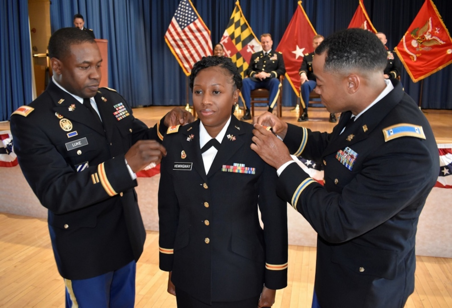 Warrant Officer Karinn Hemingway, a 110th Information Operations Battalion information services technician, commissions as Maryland Army National Guard warrant officer during graduation and pinning ceremony hosted by the 70th Regional Training Institute on Oct. 19, 2019