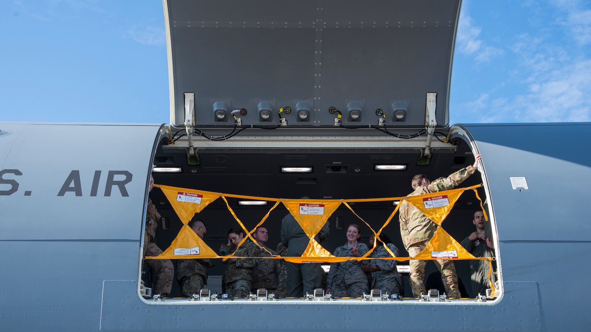 U.S. Air Force Airmen attend a tour of a KC-46 Pegasus aircraft assigned to McConnell Air Force Base, Kan., at MacDill Air Force Base, Fla., Jan. 29, 2020.