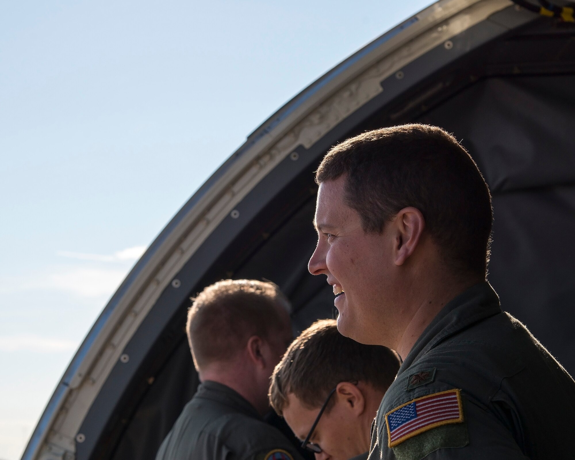U.S. Air Force Maj. Benjamin Oatley, a 50th Air Refueling Squadron pilot, attends a tour of a KC-46 Pegasus aircraft assigned to McConnell Air Force Base, Kan., at MacDill Air Force Base, Fla., Jan. 29, 2020.