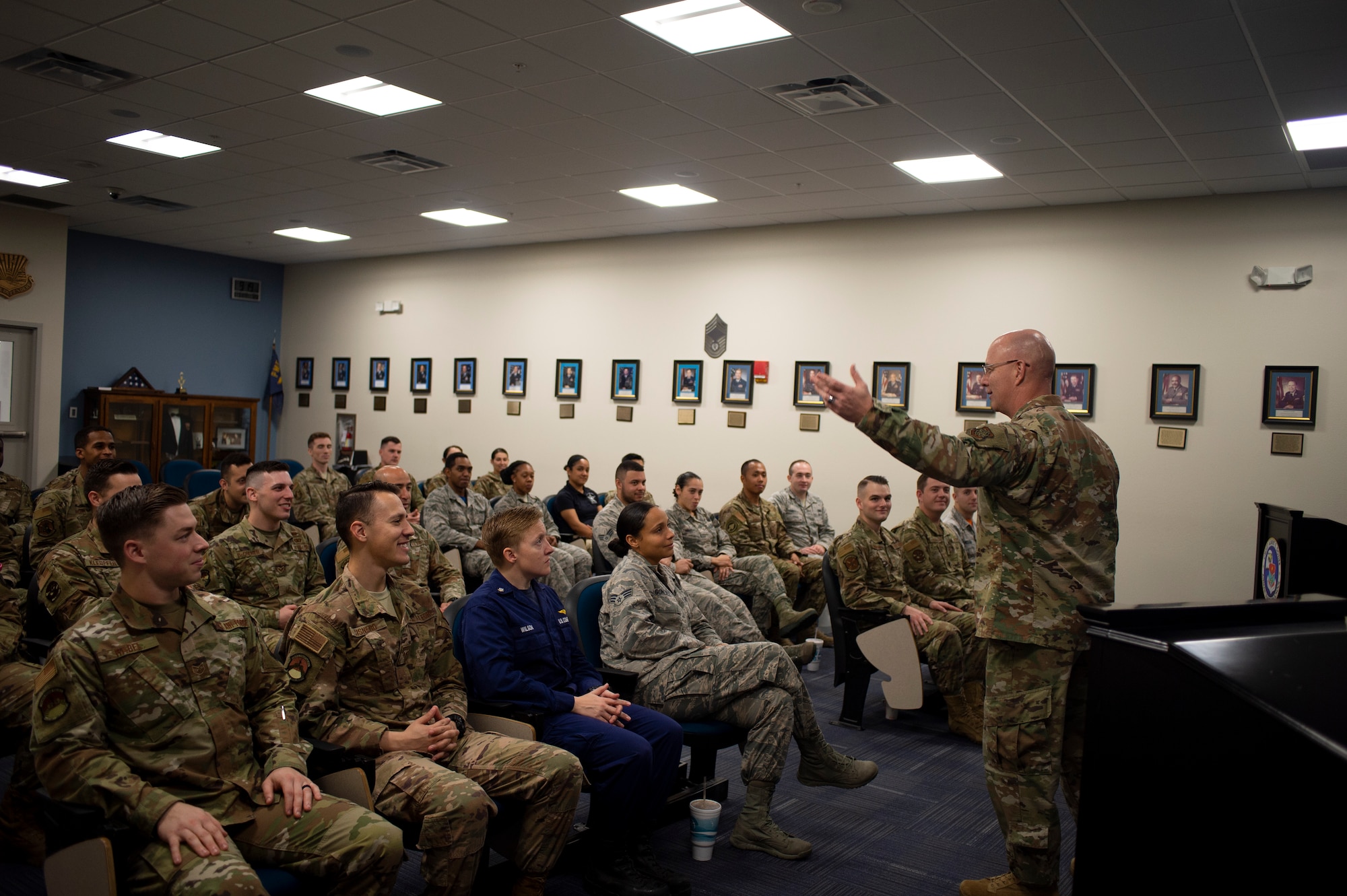 Chief Master Sgt. Daniel Simpson, the 18th Air Force command chief, speaks to an airman leadership school class during a tour at MacDill Air Force Base Fla., Jan. 29-31, 2020.