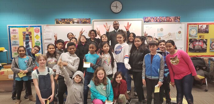 IMAGE: Feline Agwumezie is a Naval Surface Warfare Center Dahlgren Division electrical engineer as well as a science, technology engineering and math mentor. She recently spoke to fourth and fifth grade students at Hampton Oaks Elementary school about their careers and the importance of Science, Technology, Engineering, and Mathematics in all facets of life.