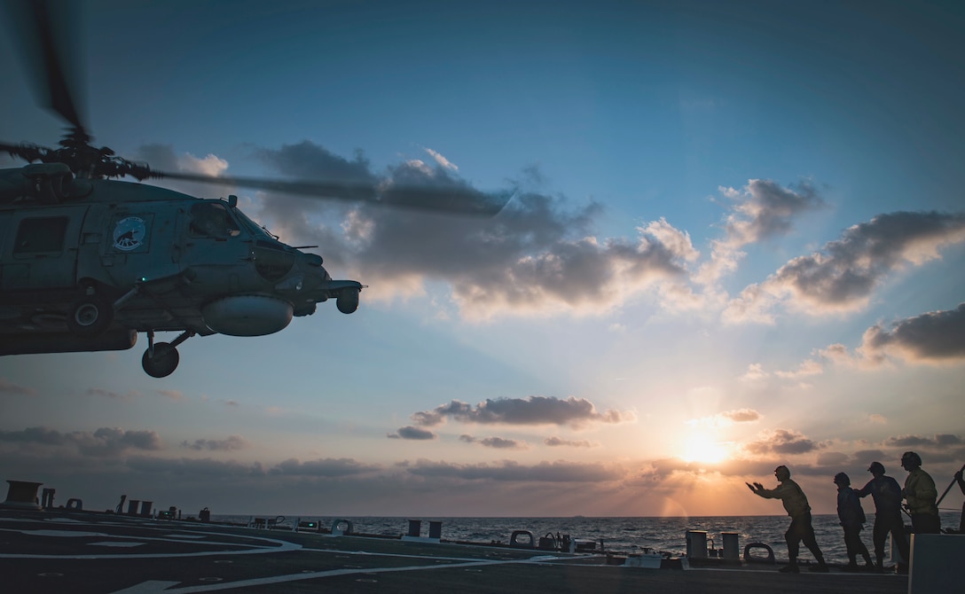 Navy seaman guides Egyptian Naval Force S-70B Sea Hawk helicopter onto flight deck of USS Carney during exercise Bright Star 2018, in Mediterranean
Sea, September 10, 2018 (U.S. Navy/Ryan U. Kledzik)