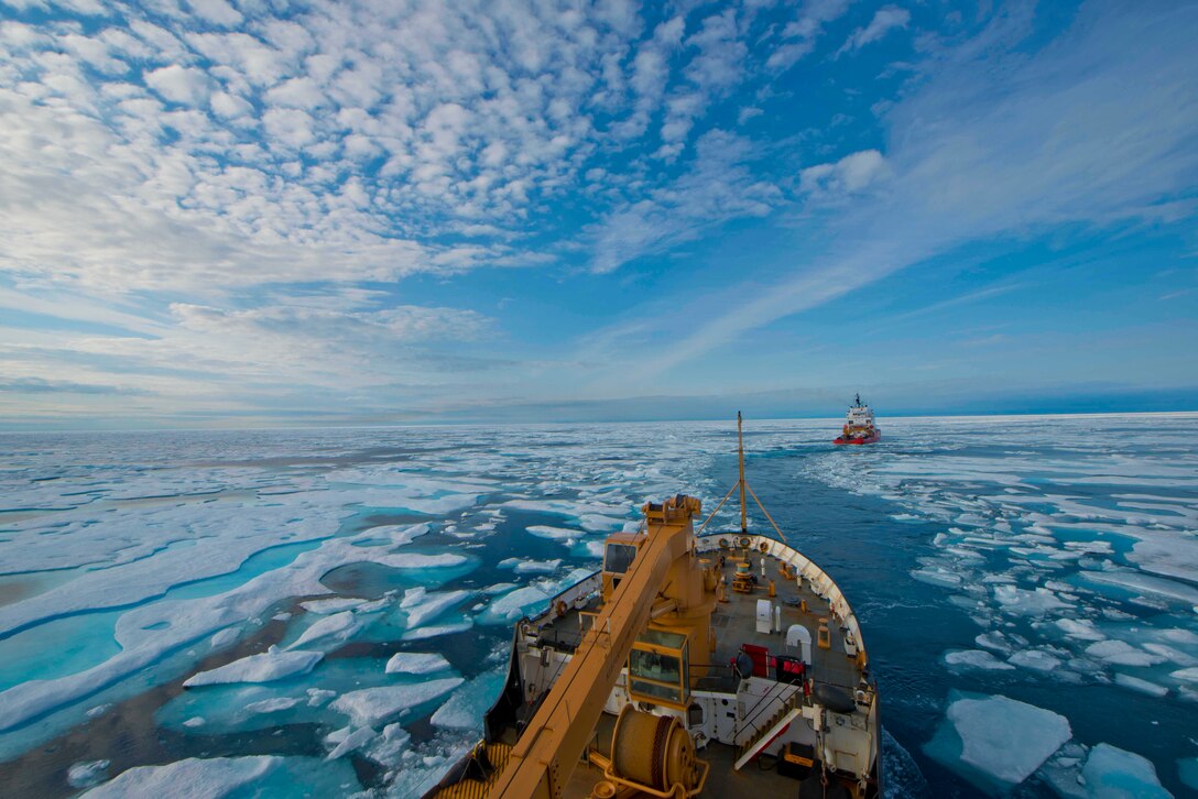 Crew of U.S. Coast Guard Cutter Maple follows Canadian Coast Guard Icebreaker Terry Fox through icy waters of Franklin Strait, in Nunavut Canada, August 11, 2017 (U.S. Coast Guard/Nate Littlejohn)