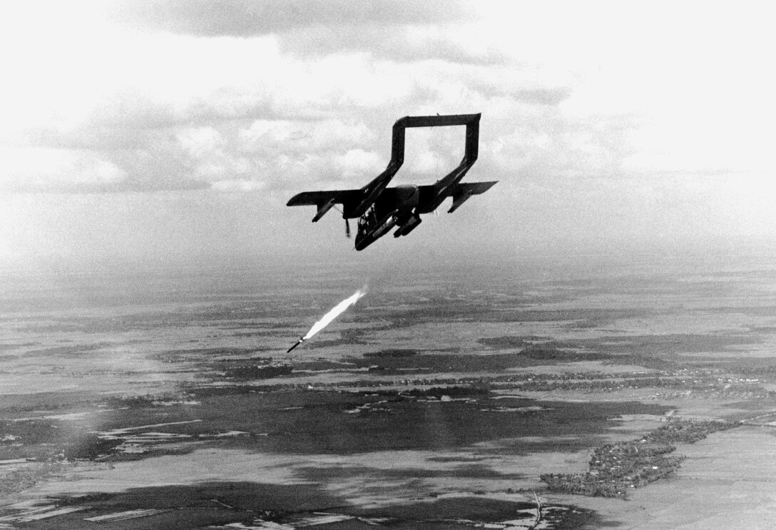 North American Rockwell OV-10A “Bronco” Light Armed Reconnaissance Aircraft of U.S. Navy Light Attack Squadron Four (VAL-4) fires Zuni 5-inch Folding-Fin Aircraft Rocket at target somewhere in Mekong Delta, Republic of Vietnam, June 1969 (U.S. Navy/National Archives and Records Administration/A.R. Hill)