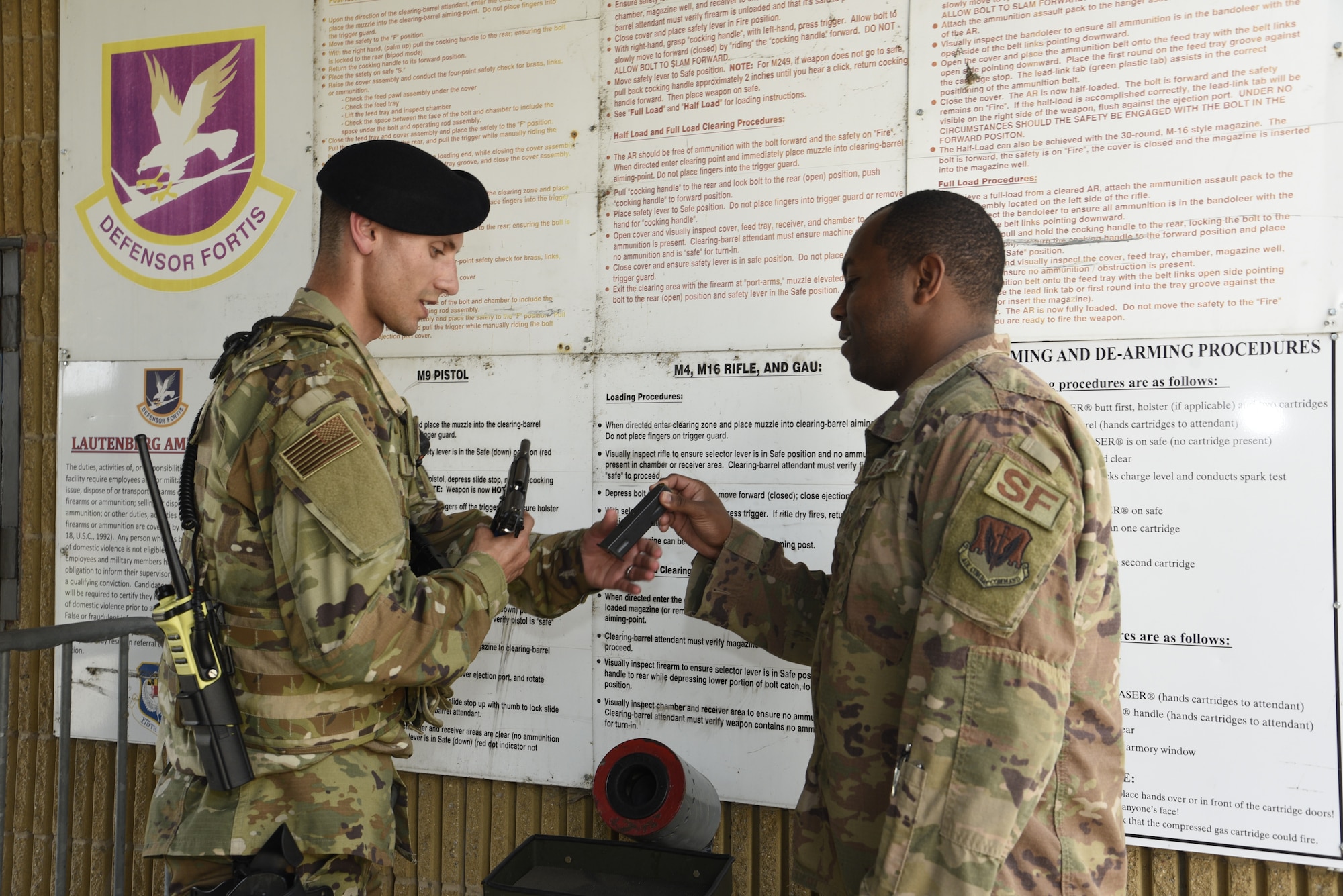 Senior Airman John Clark French (left), a security forces journeyman assigned to the 175th Wing Security Forces Squadron, Maryland Air National Guard clears his weapon at the end of a patrol shift with Staff Sgt. Michael Royale, a flight supervisor assigned to the 175th Wing Security Forces Squadron. French joined the wing in 2017 and chose the 175th SFS because it allowed him to continue securing the country’s assets while still utilizing his infantry skills. (U.S. Air National Guard photo by Staff Sgt. Enjoli Saunders)