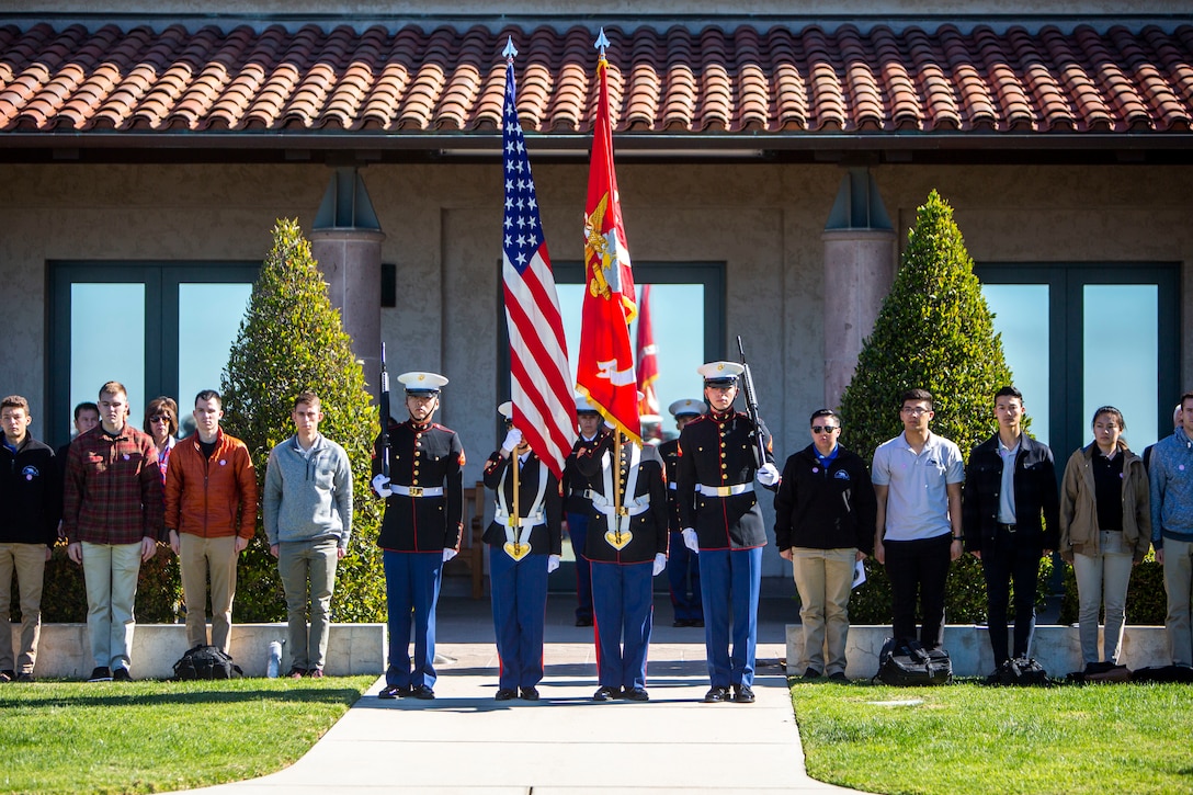 The Marine Corps Base Camp Pendleton Color Guard awaits the order to march on the colors during a wreath laying ceremony for the 109th anniversary of President Ronald Reagan’s birthday at the Ronald Reagan Presidential Library in Simi Valley, California, Feb. 6.