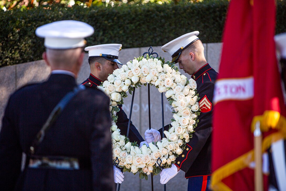 U.S. Marines lay a white rose wreath on a gravesite during a wreath laying ceremony for the 109th anniversary of President Ronald Reagan’s birthday at the Ronald Reagan Presidential Library in Simi Valley, California, Feb. 6.