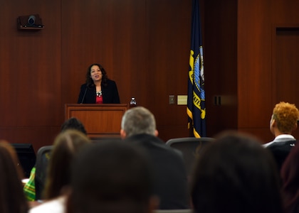 Naval Surface Warfare Center, Philadelphia Division (NSWCPD) celebrated Black History Month with keynote speaker, Dr. Monique Head, associate professor, University of Delaware, on Feb. 4. Head discussed her path to becoming a civil engineer and shared her thoughts on the importance of leadership creating an innovative and diverse team during her presentation to NSWCPD’s workforce. (U.S. Navy photo by Kirsten St. Peter/Released)