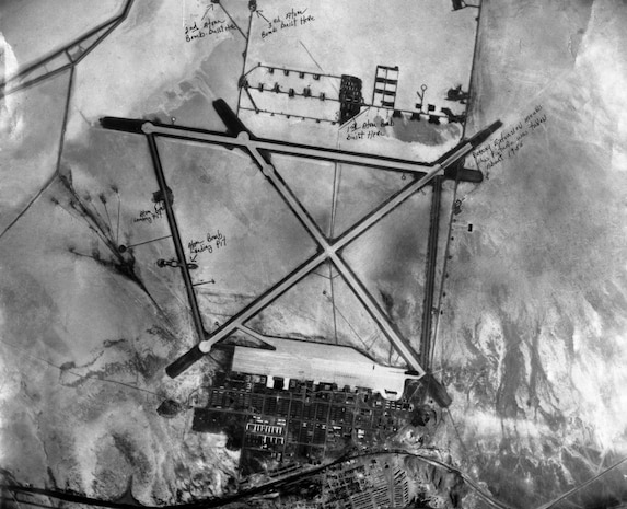 Aerial overhead view of Wendover Field runways in Utah's west desert.