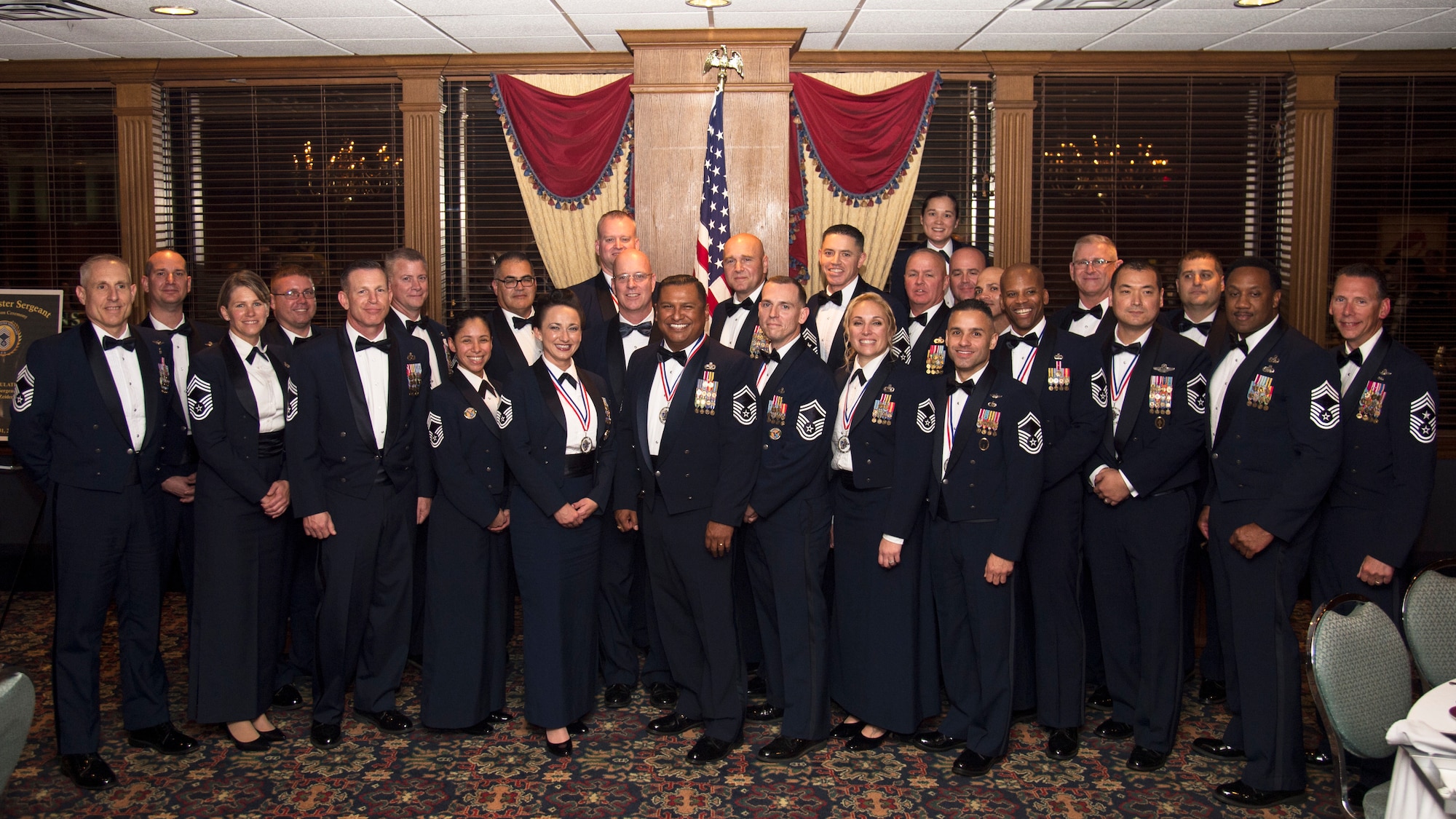 U.S. Air Force chief master sergeant selects and current Chiefs pose for a photo during a Chief’s Induction Ceremony, Jan. 31, in Tampa, Fla. Only 1% of enlisted Airmen reach the rank of chief master sergeant.