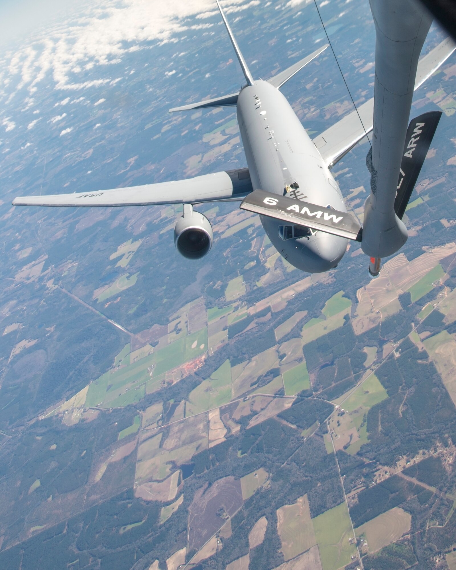 A KC-46 Pegasus assigned to McConnell Air Force Base, Kan., approaches a KC-135 Stratotanker assigned to MacDill Air Force Base, Fla., for a refueling, Jan. 30, 2020.